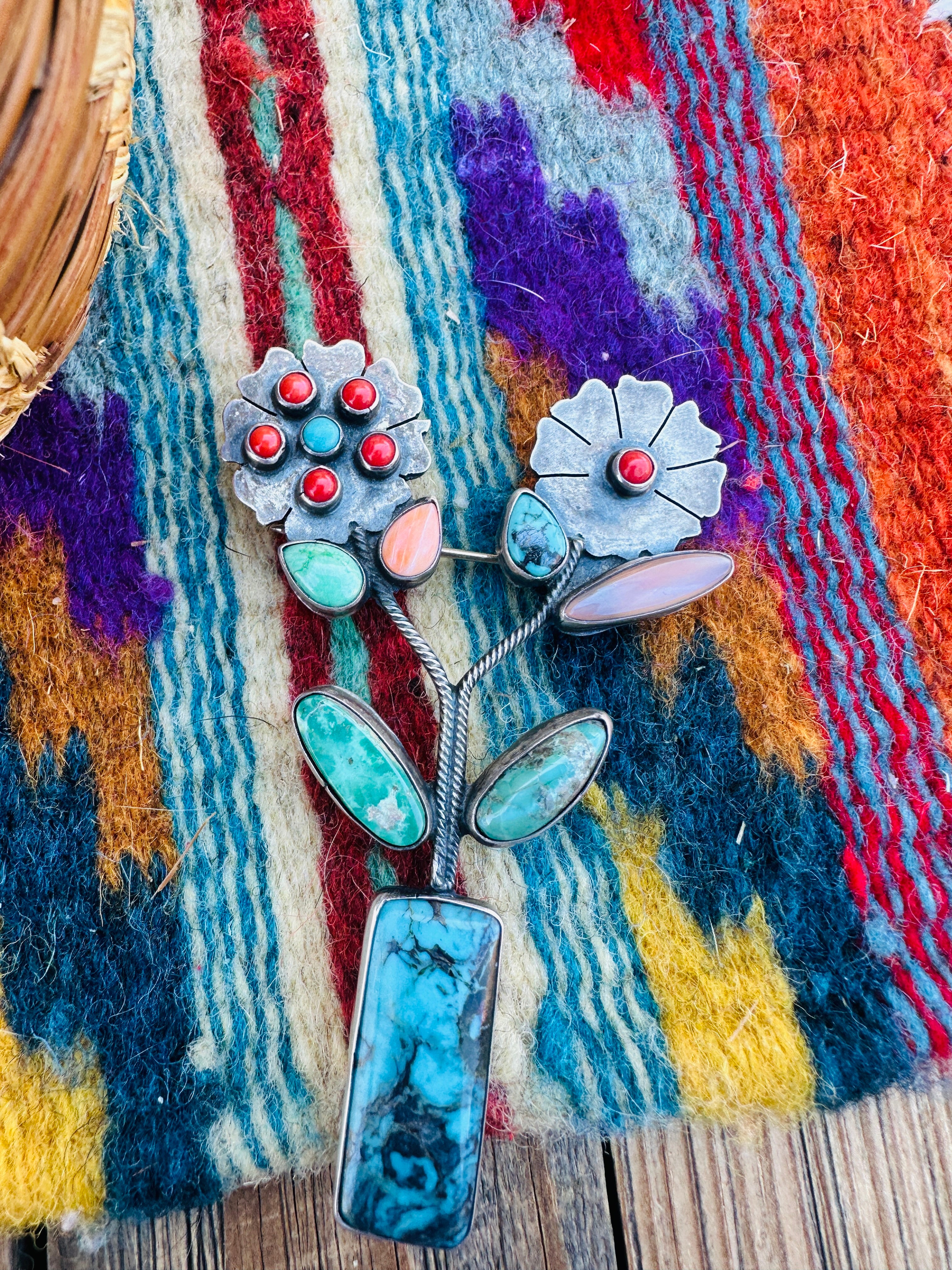 Old Pawn Handcrafted Multi Stone and Sterling Silver Flower Brooch by Herbert Ration