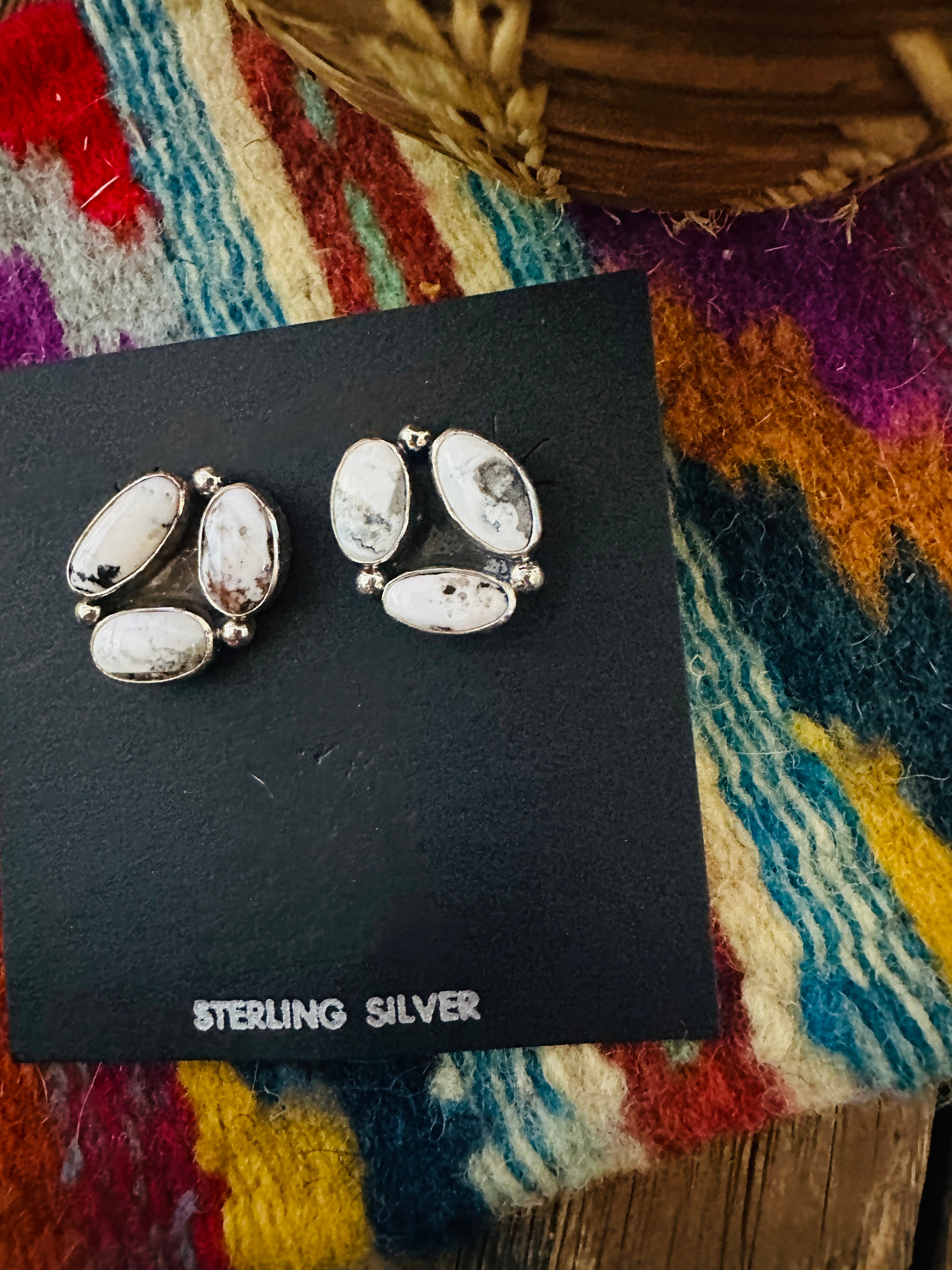 Handcrafted White Buffalo & Sterling Silver Cluster Post Earrings