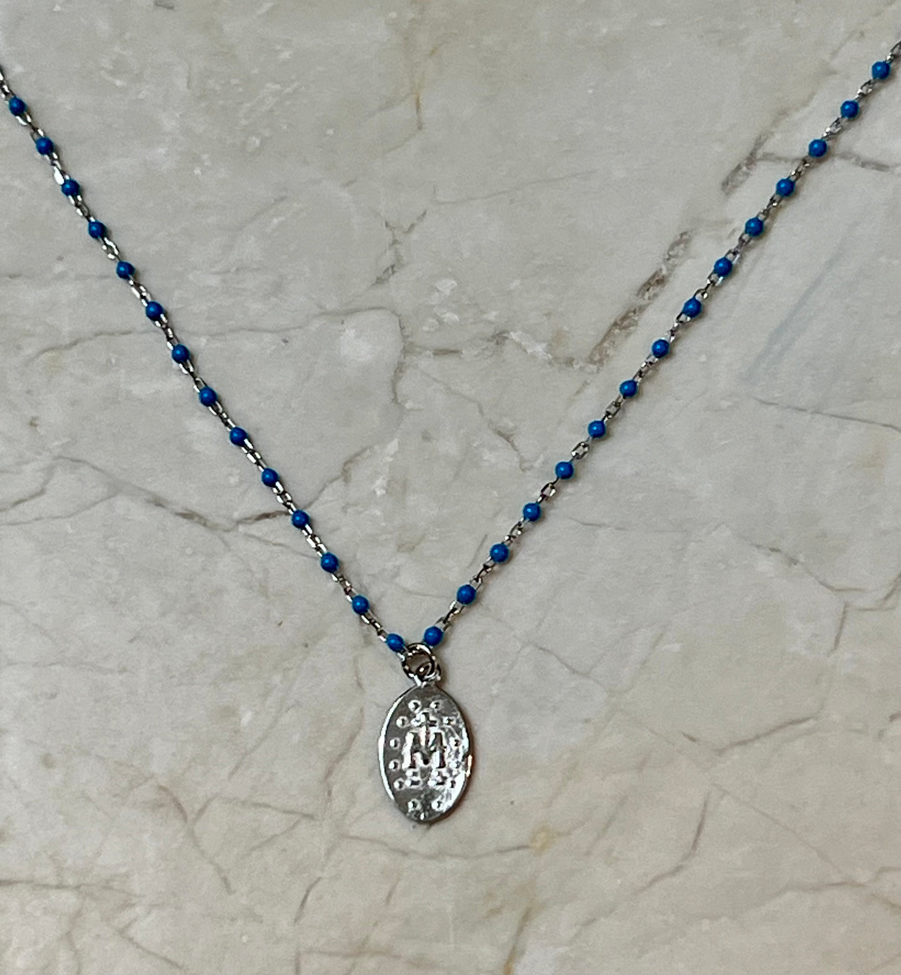 Turquoise Chip Saint Mary Pendant Sterling Silver Necklace