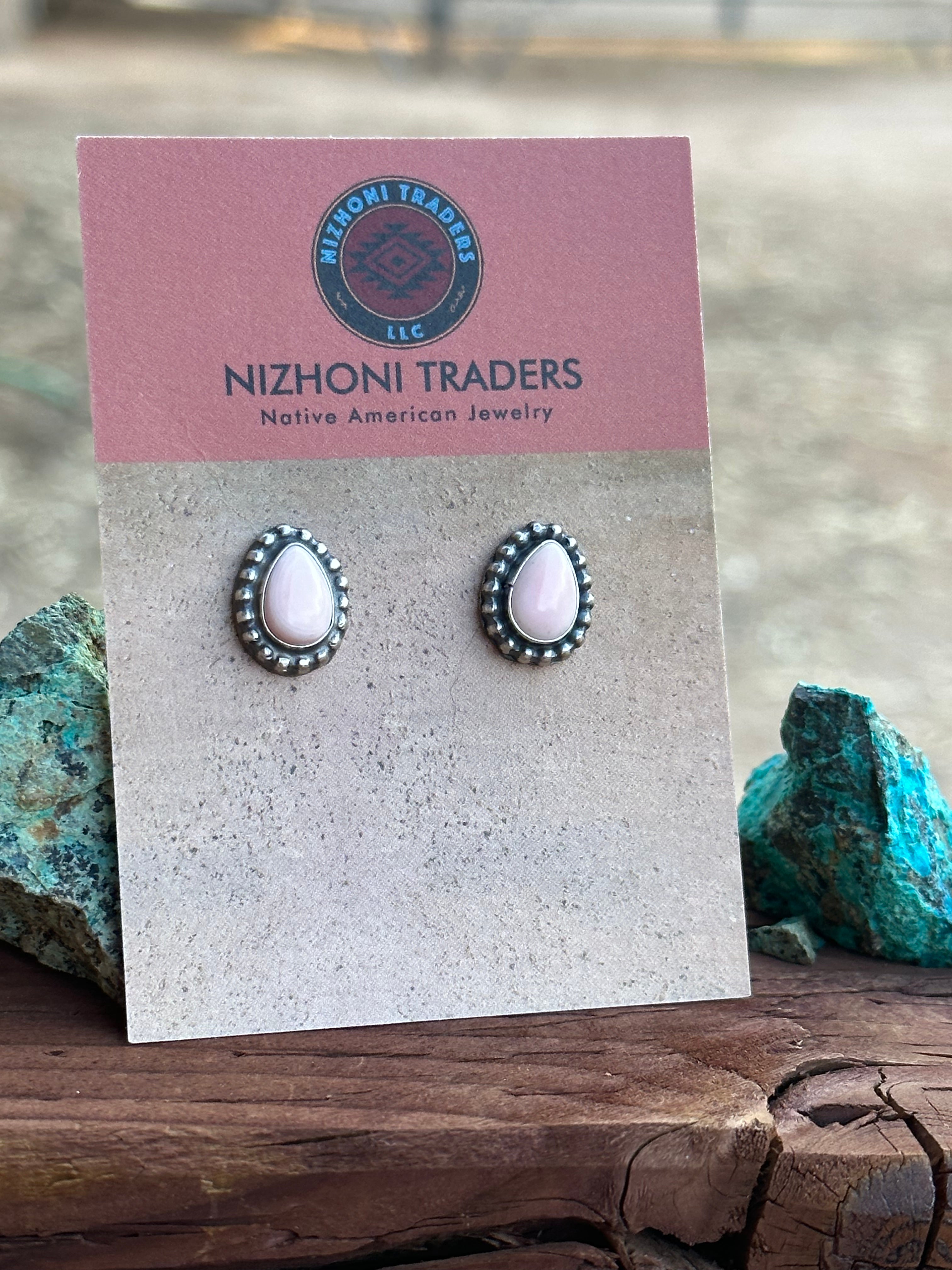 Navajo Sterling Silver and Pink Conch Tear Drop Post Earrings