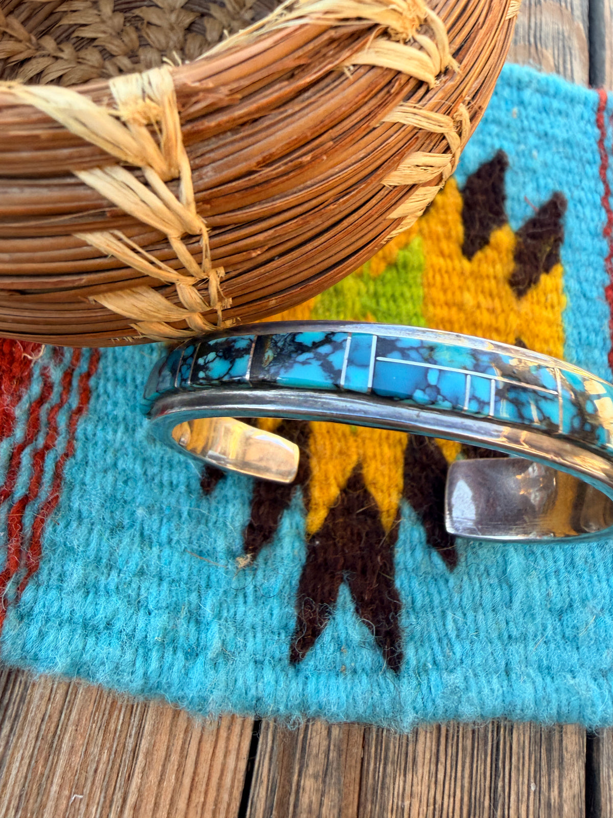 Handcrafted Old Pawn Sterling Silver & Turquoise Inlay Cuff Bracelet