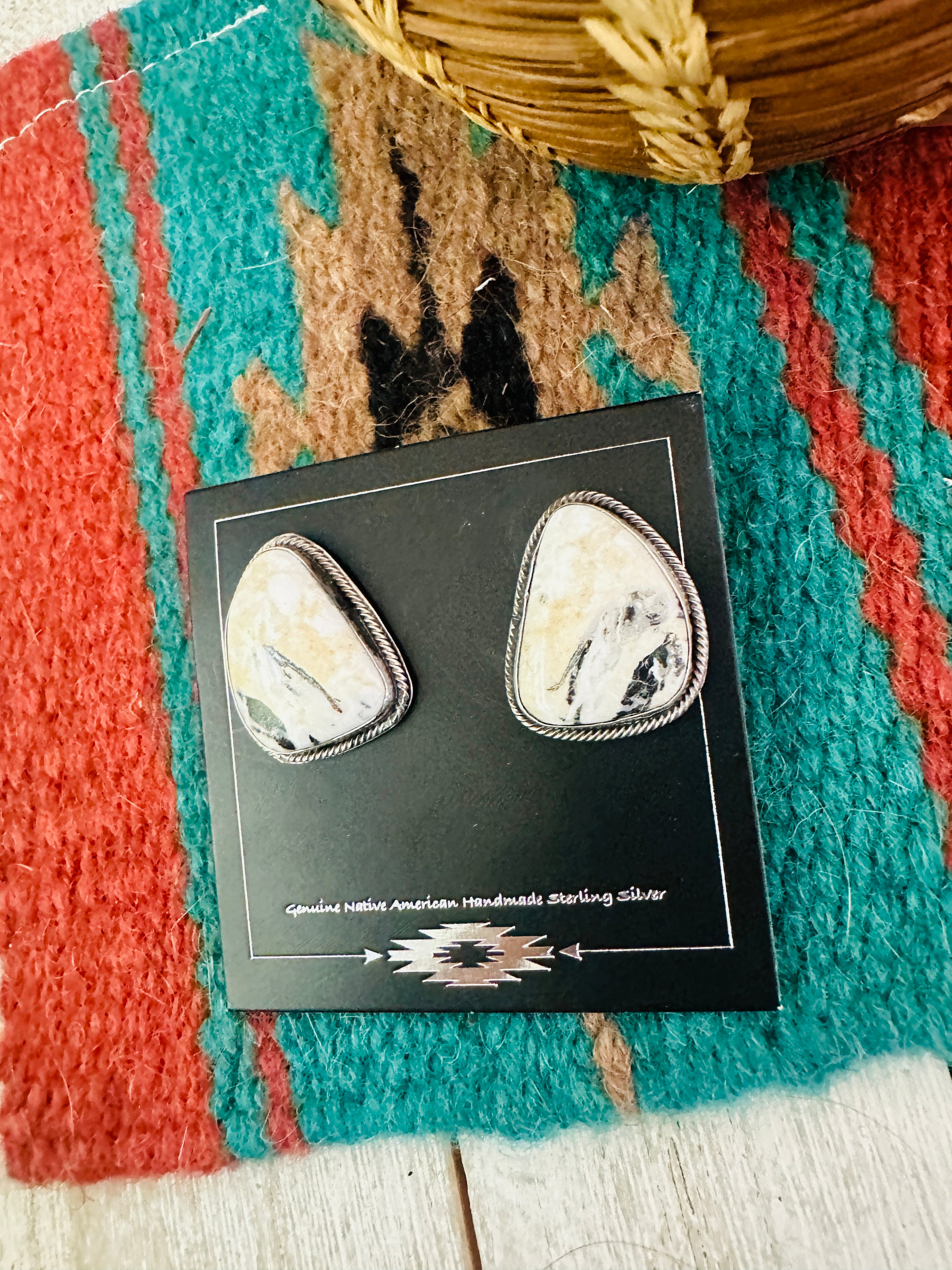 Navajo White Buffalo & Sterling Silver Post Earrings