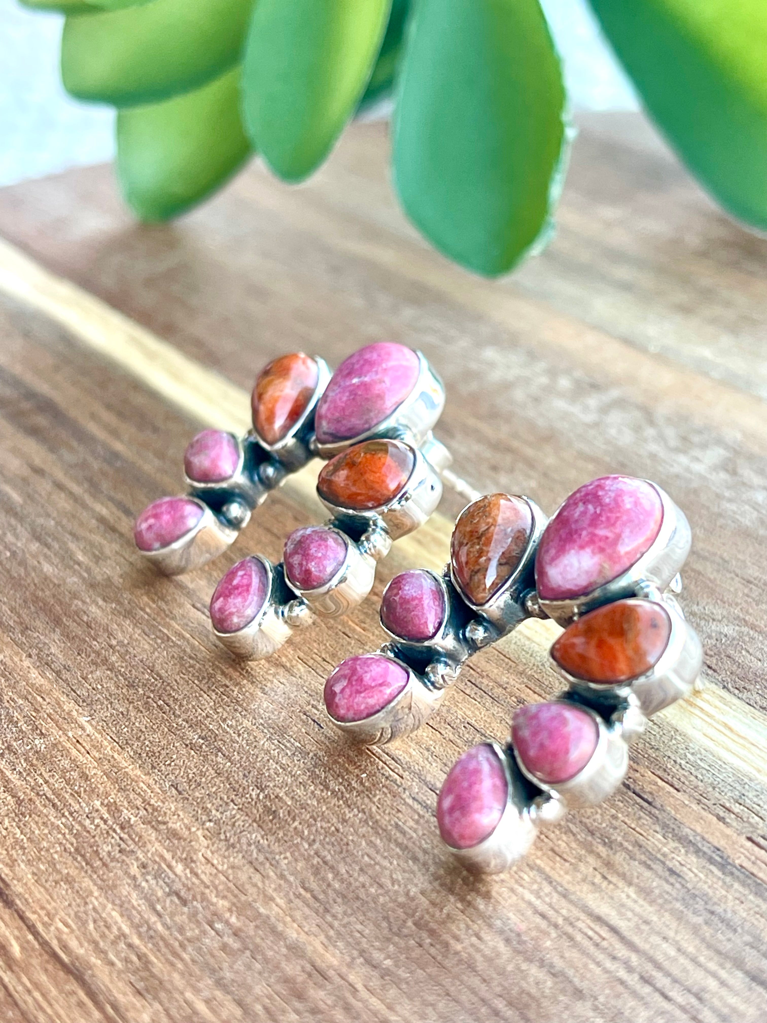 Handmade Orange Mojave, Rhodonite and Sterling Silver Post Naja Earrings Signed Nizhoni