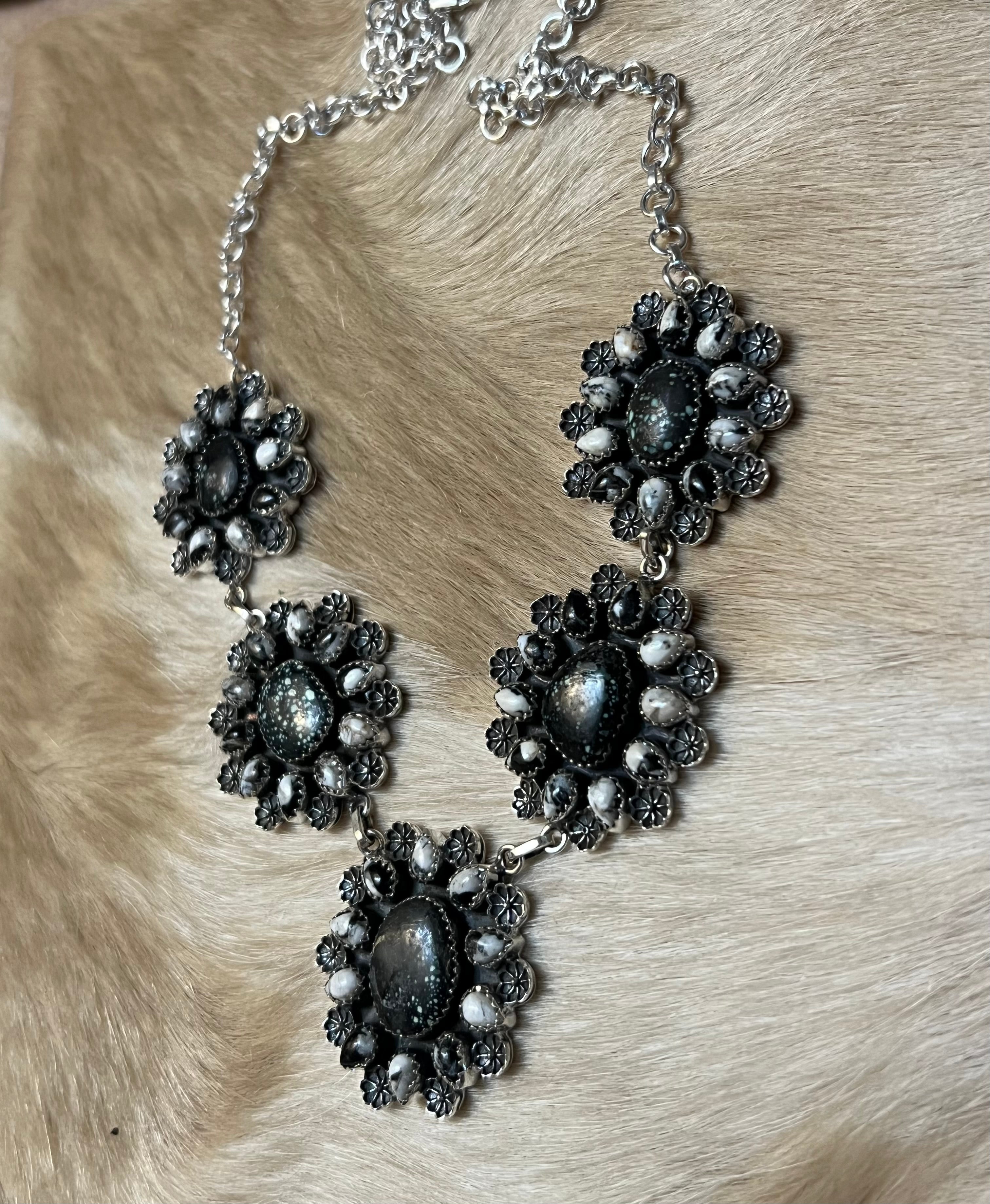 Handmade Newlander Turquoise & White Buffalo Sterling Silver Drop Necklace