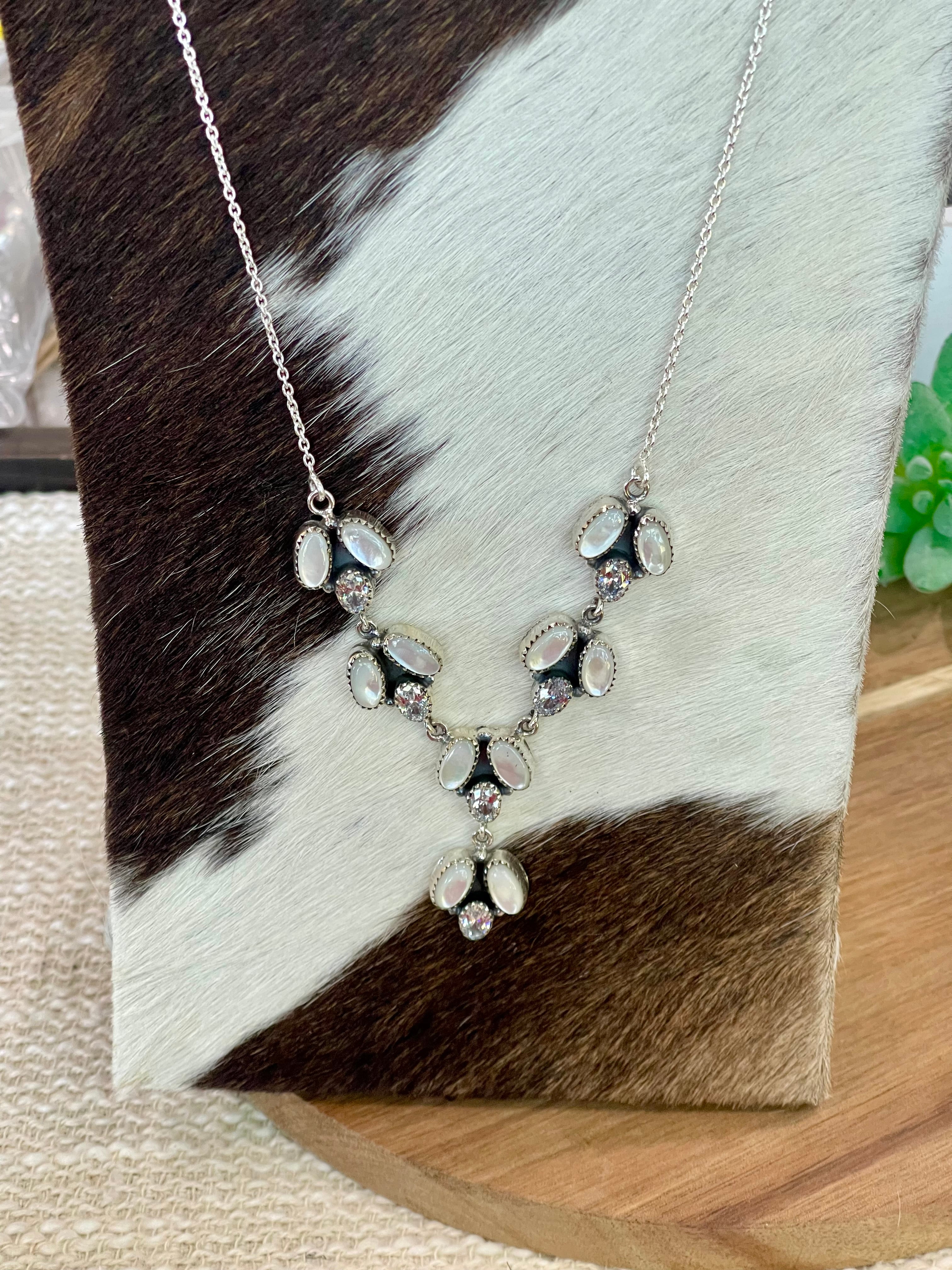 Handmade Mother of Pearl, Sterling Silver & Cubic Zirconia Necklace
