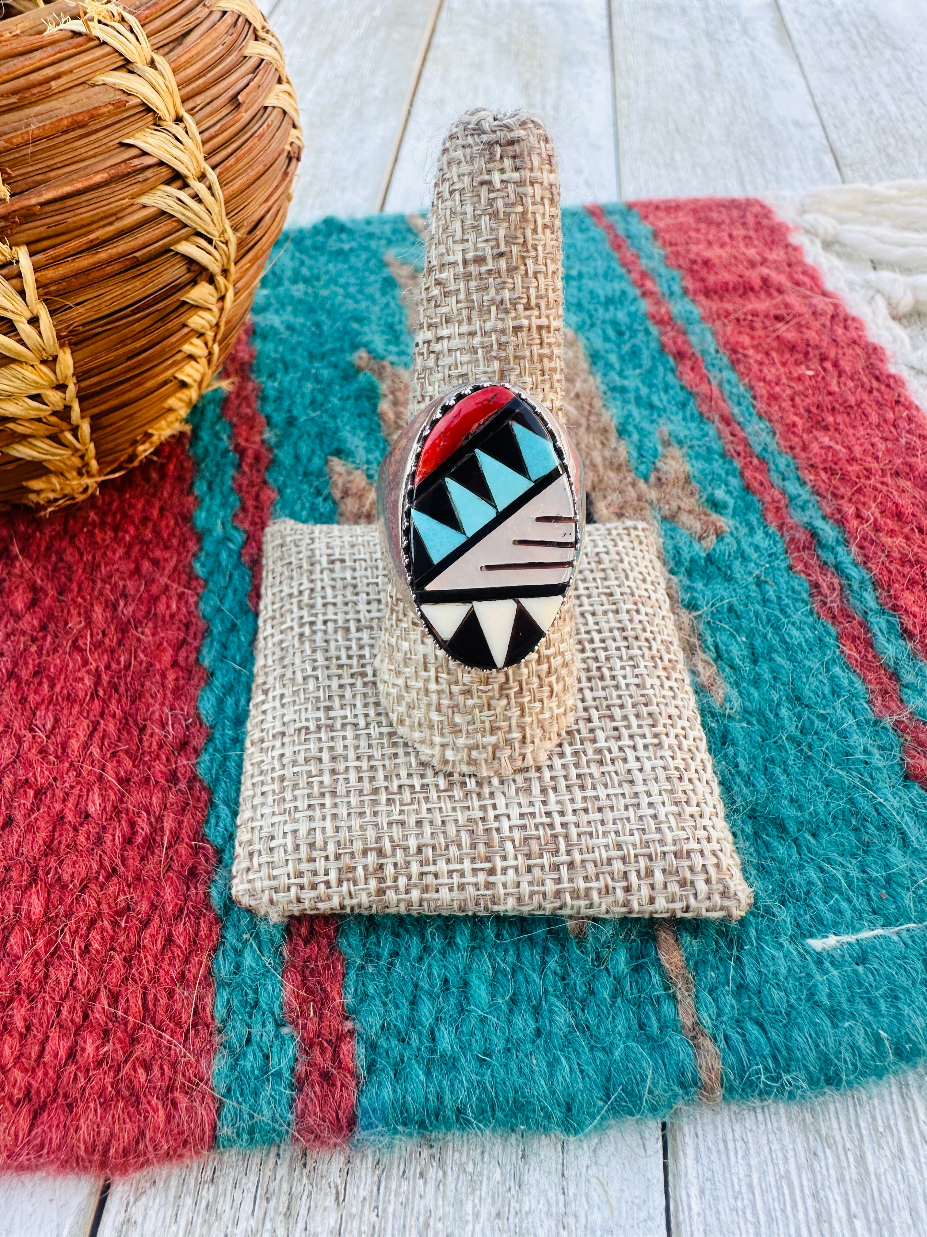 Old Pawn Handcrafted Multi Stone & Sterling Silver Inlay Ring Size 9.5