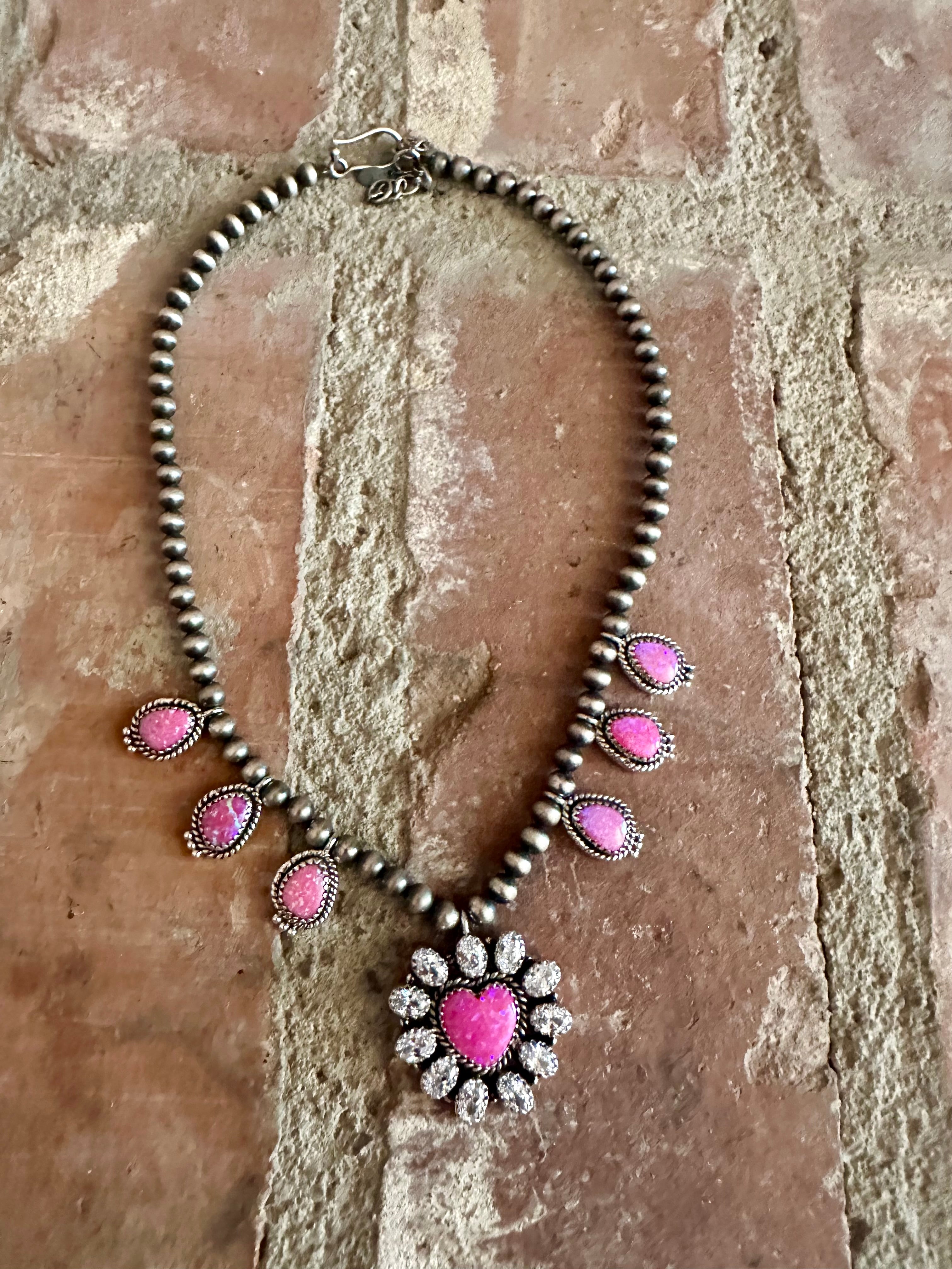 Handmade Hot Pink Fire Opal, Cz and Sterling Silver Heart Necklace