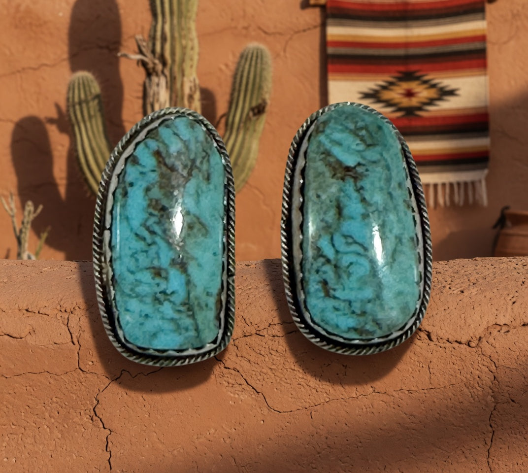 Handcrafted Turquoise & Sterling Silver Post Earrings Signed
