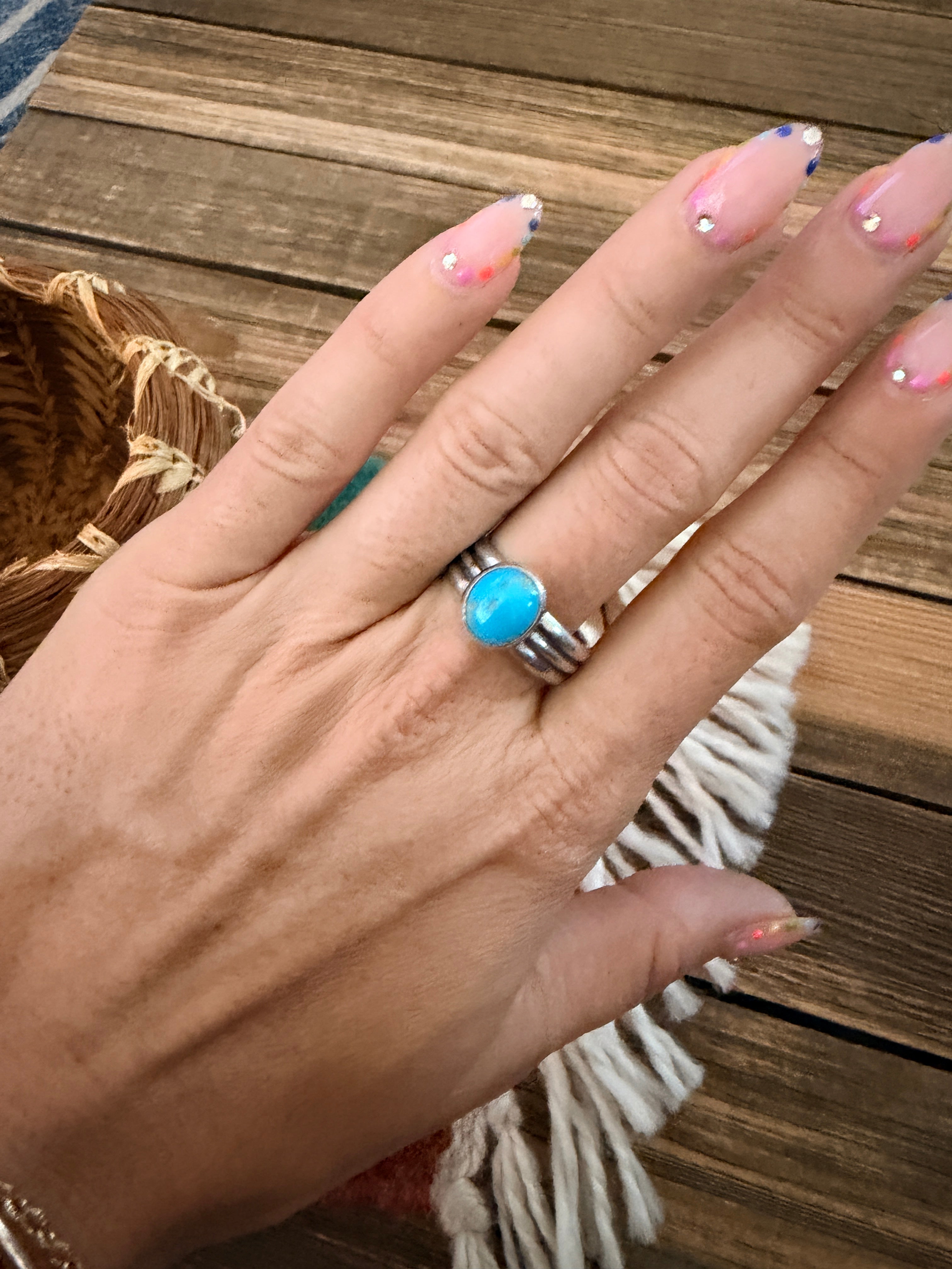 Handcrafted Turquoise & Sterling Silver Band Ring Size 9