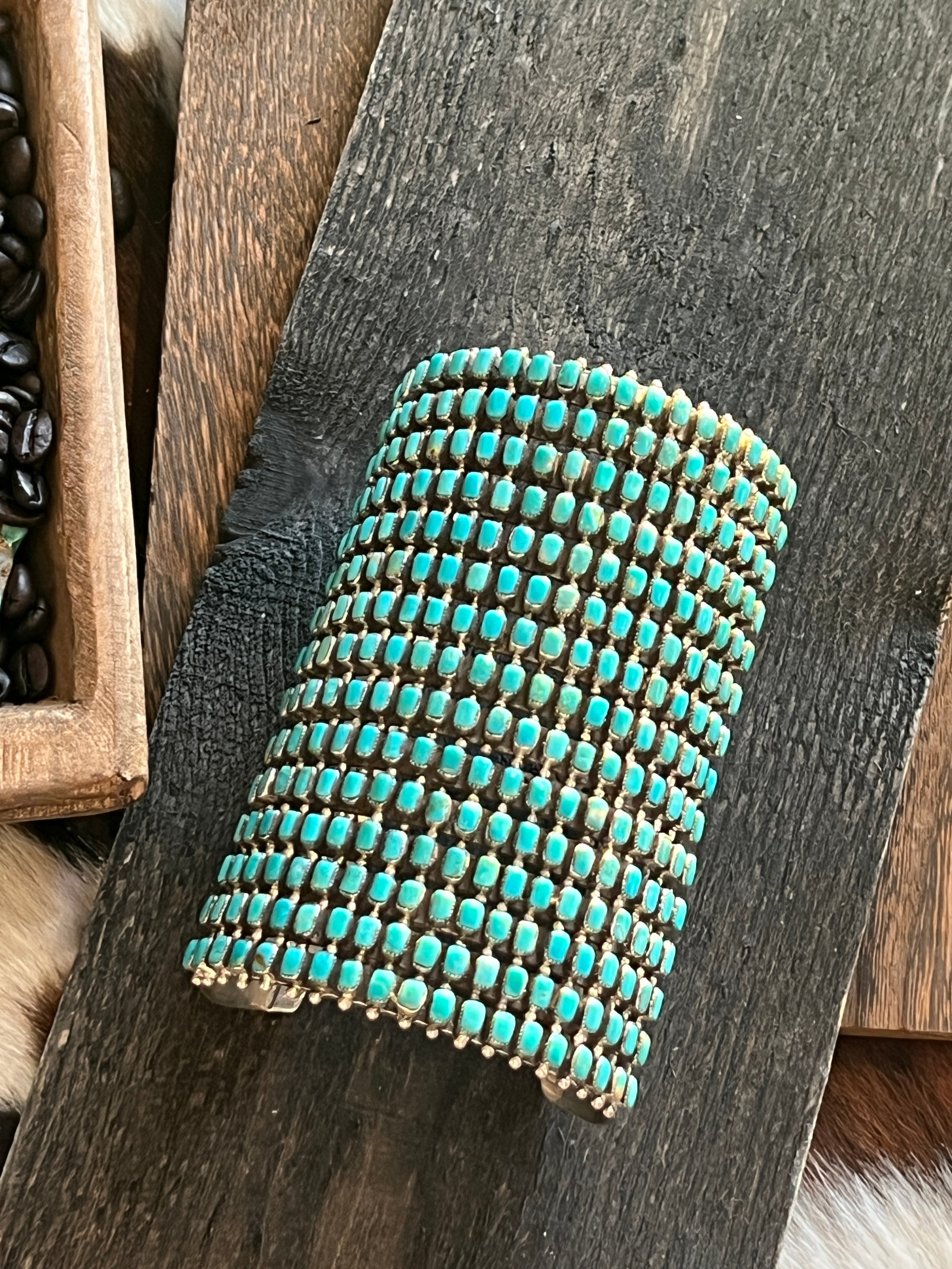 Handcrafted Epic Made 15 Row Sterling Silver and Turquoise Gauntlet Style Cuff Bracelet /