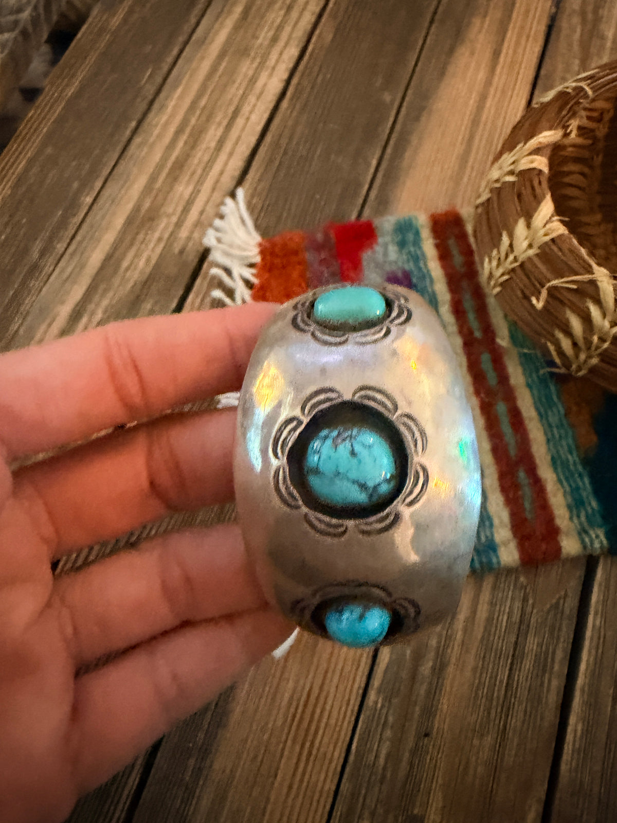 Handcrafted Old Pawn Sterling Silver & Turquoise Cuff Bracelet