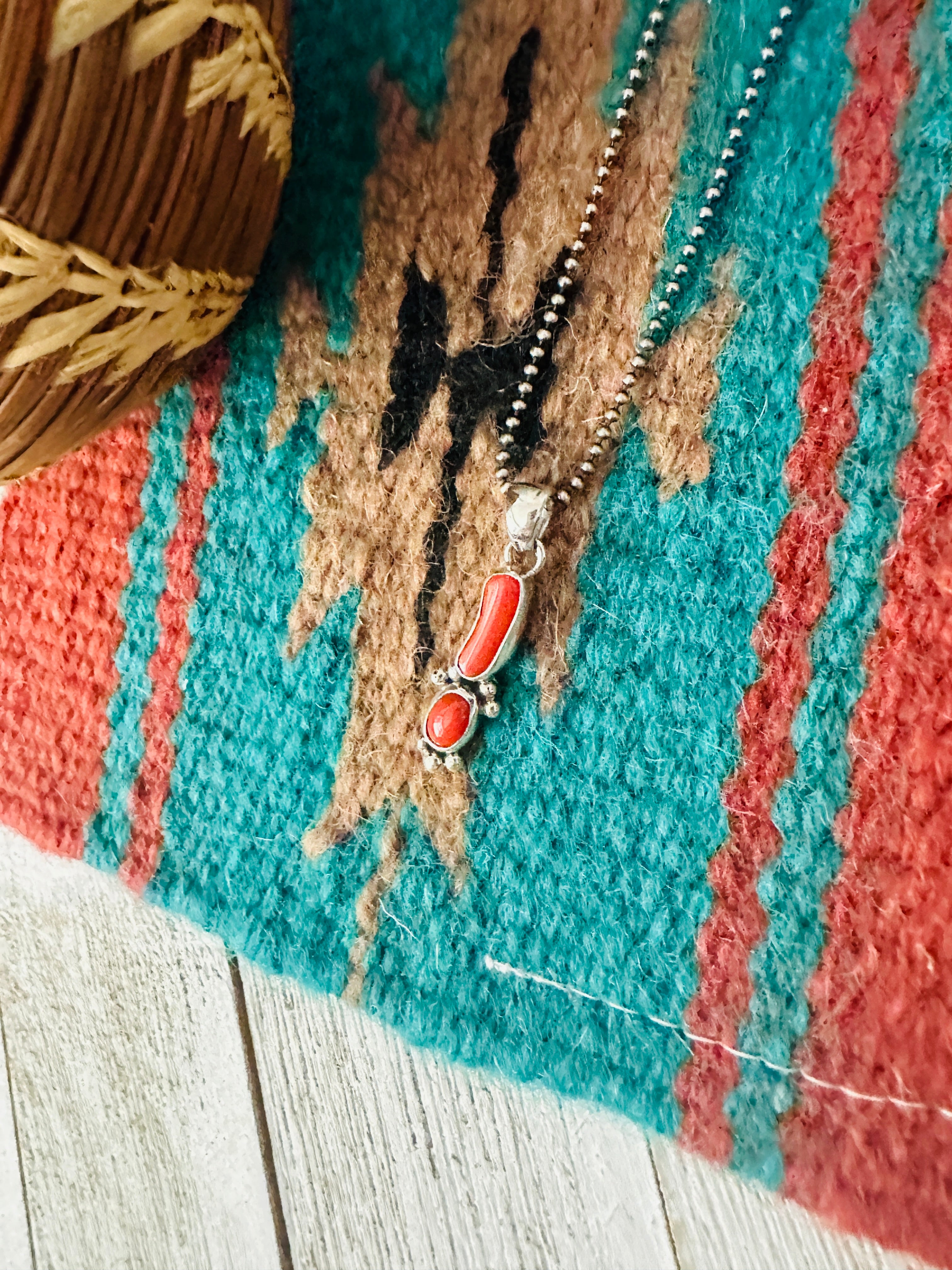 Navajo Red Coral & Sterling Silver Pendant