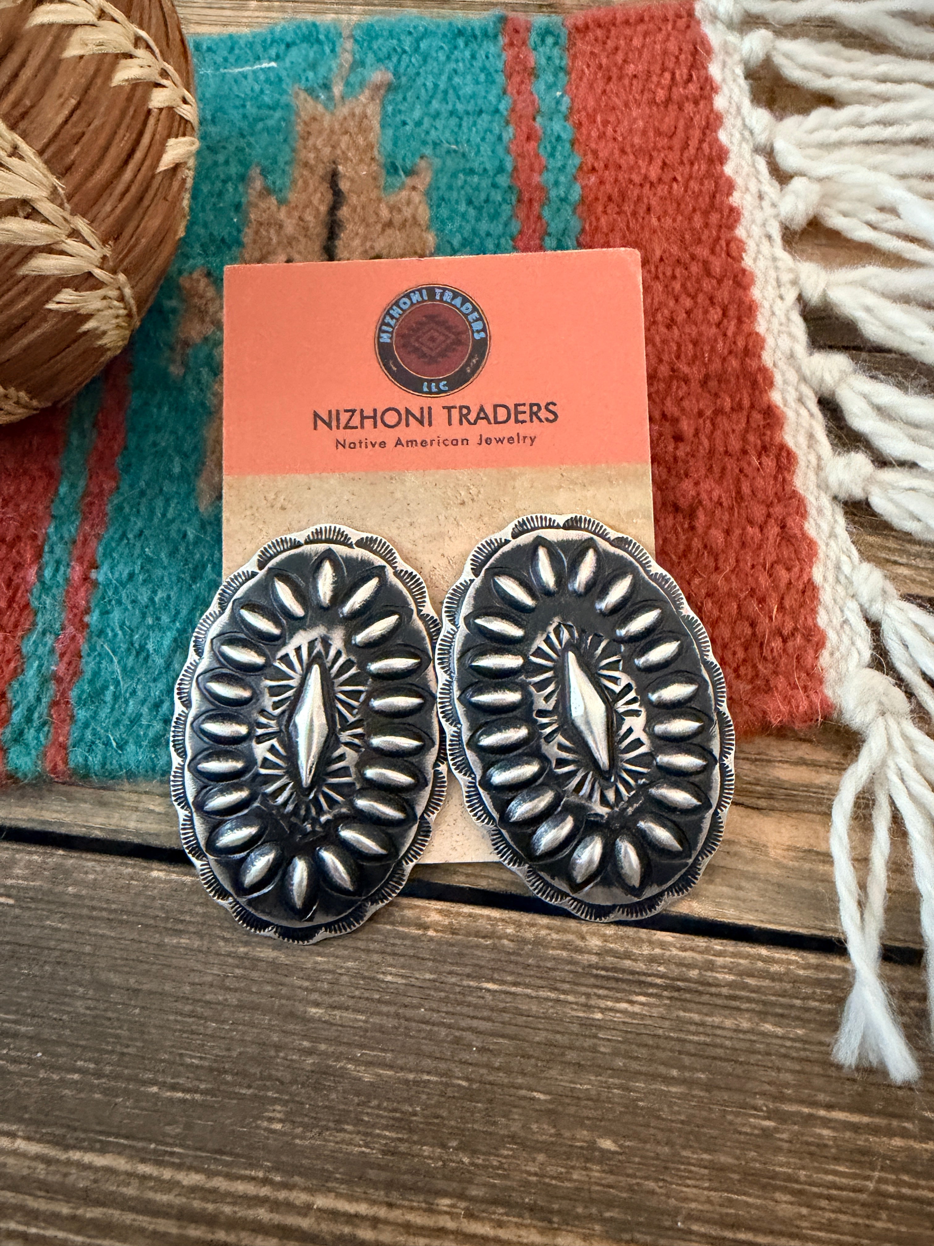 Handcrafted Sterling Silver Concho Post Earrings by Leander Tahe