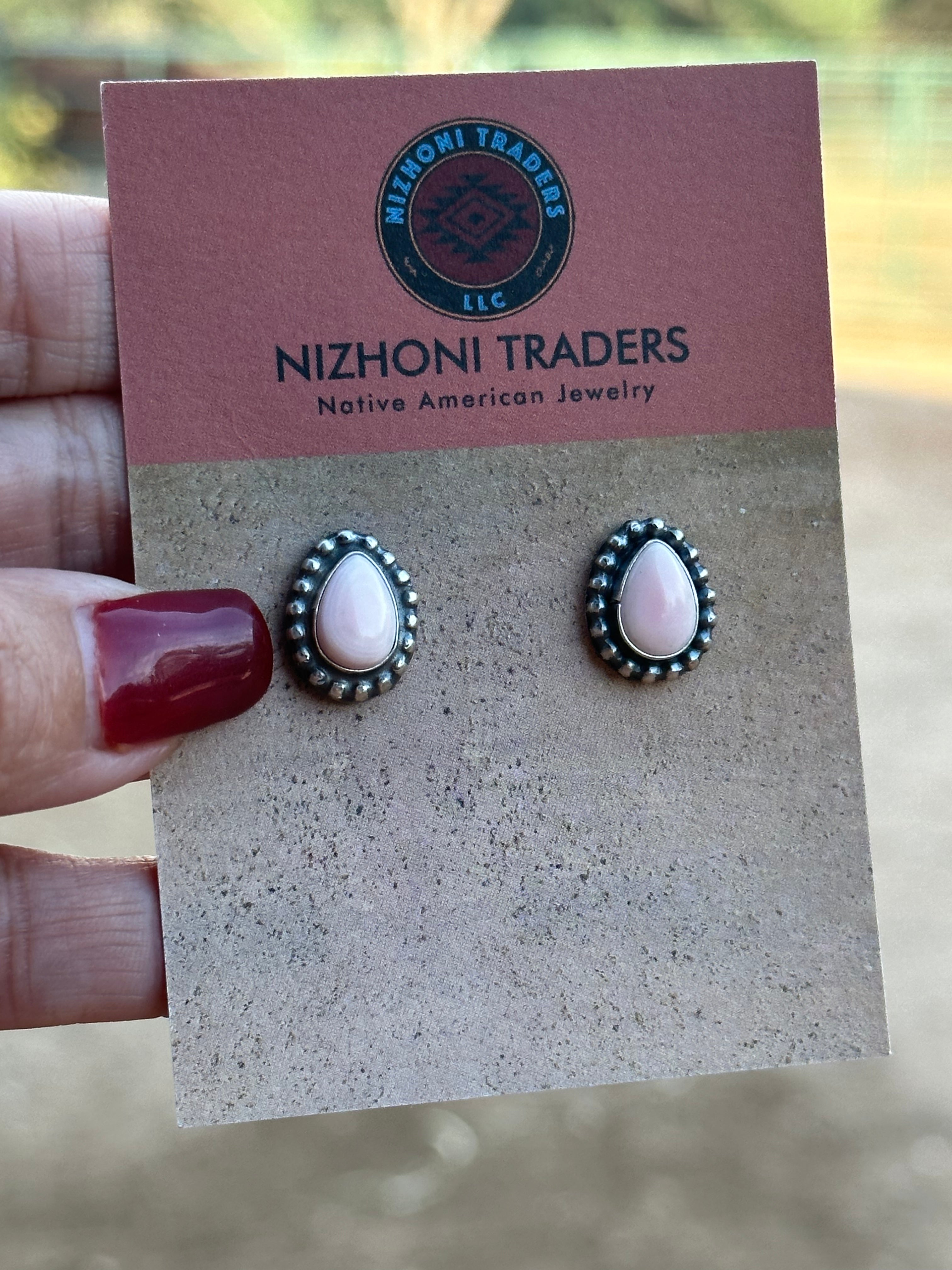 Navajo Sterling Silver and Pink Conch Tear Drop Post Earrings