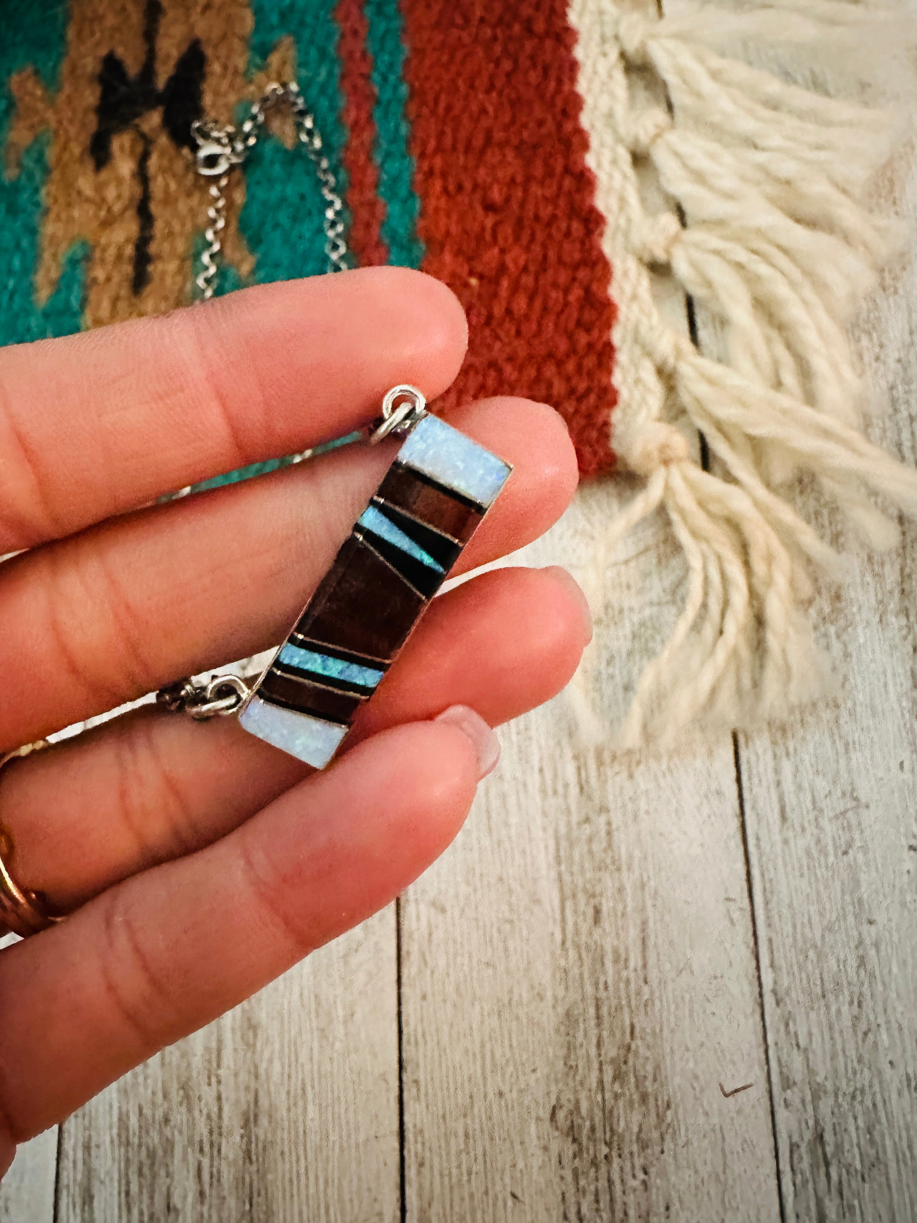 Navajo Multi Stone & Sterling Silver Inlay Bar Necklace