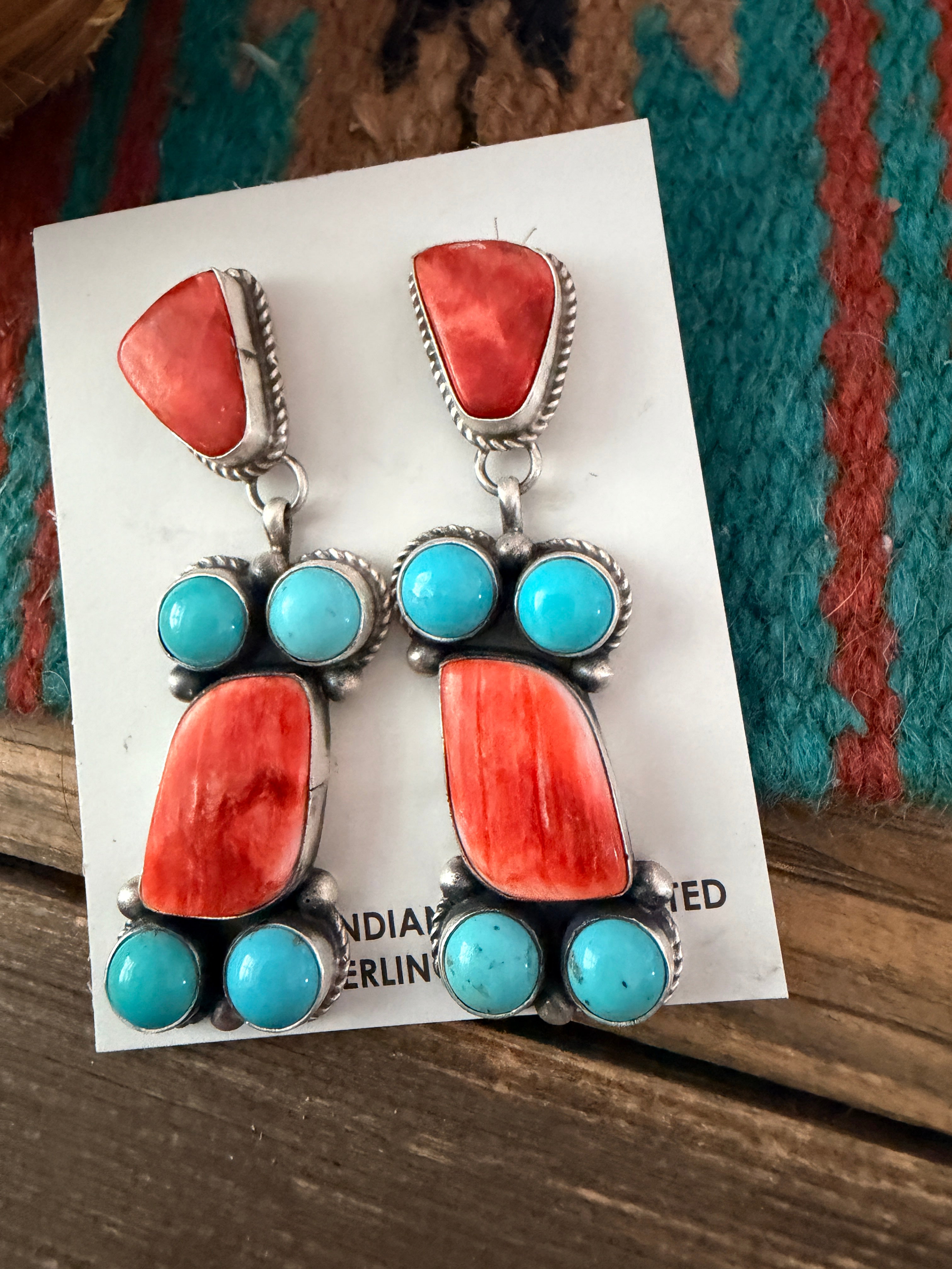 Handcrafted Sterling Silver, Turquoise & Spiny Oyster Dangle Earrings