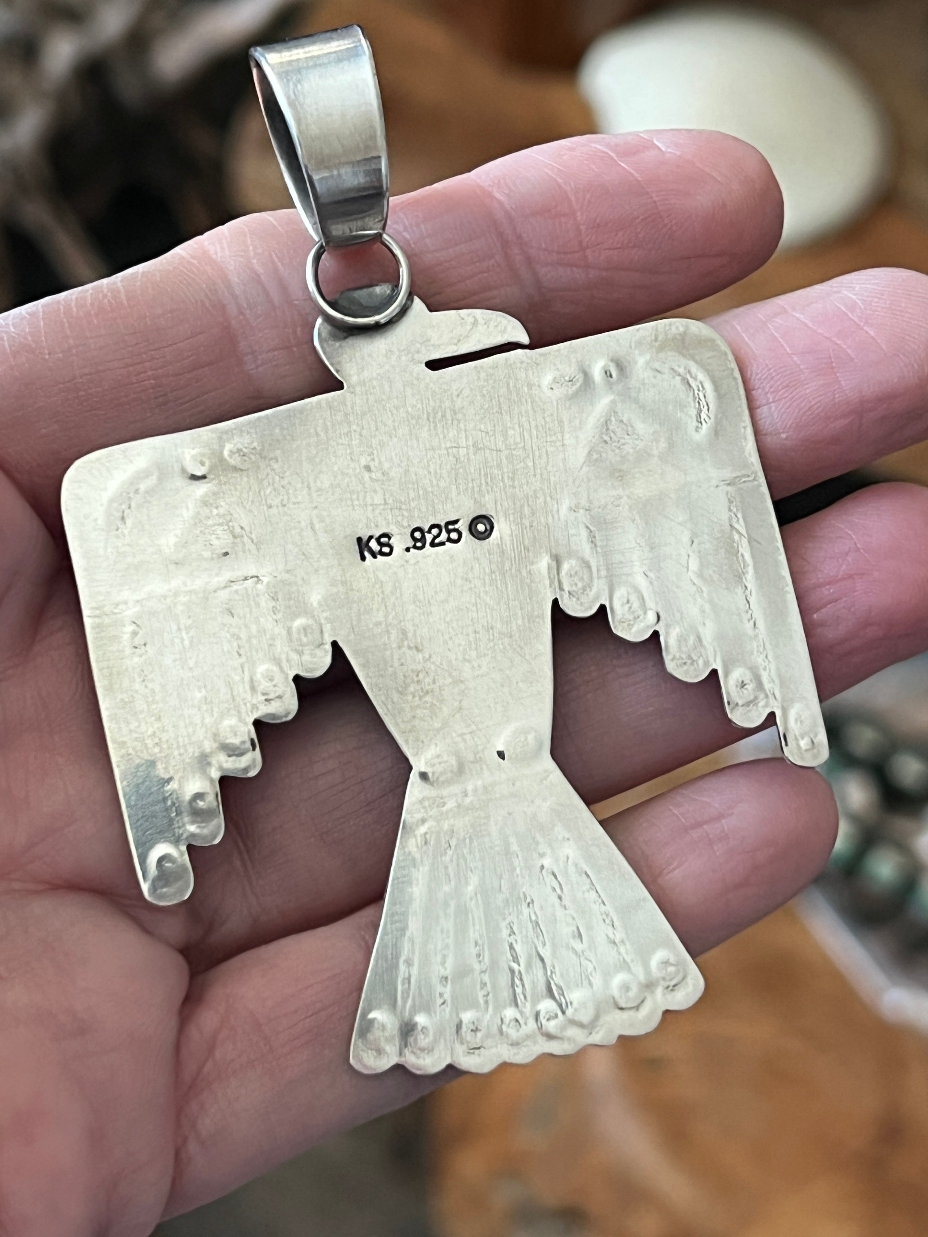 Hand Stamped Sterling Silver & Pilot Mountain Turquoise Thunderbird Pendant by Kimari Somers