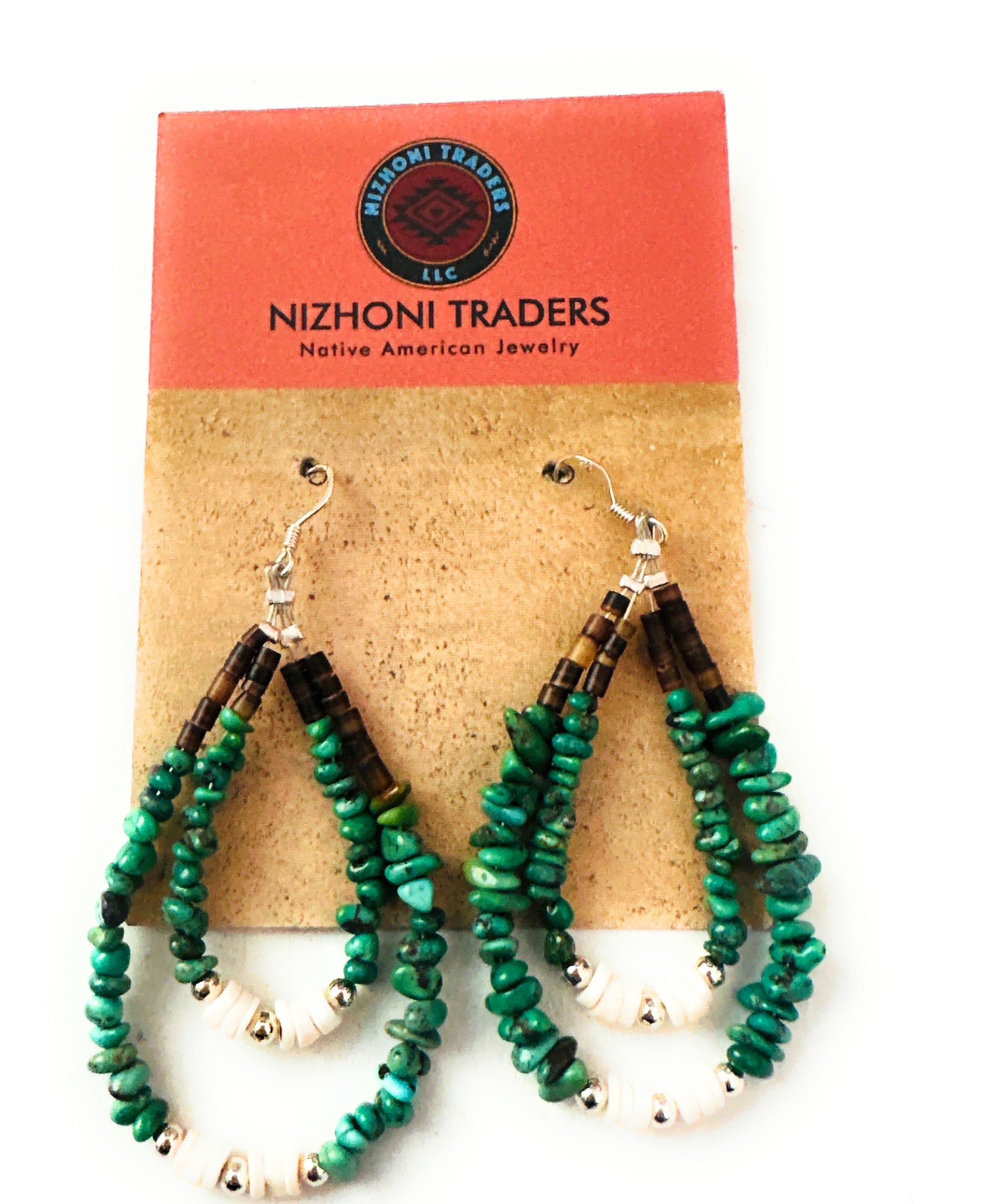 Navajo Turquoise, Shell & Heishi Beaded Hoop Earrings