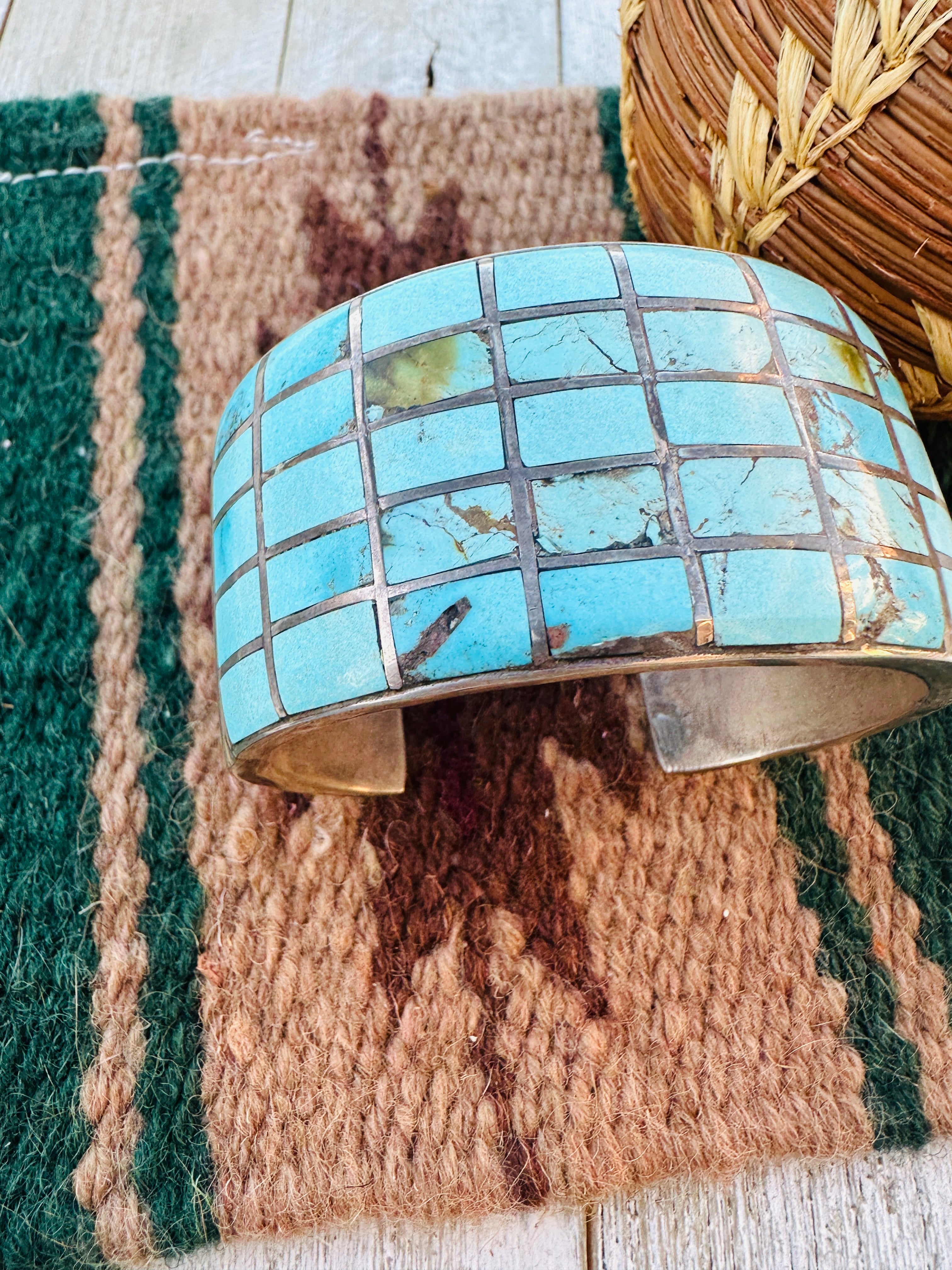 Handcrafted Old Pawn Sterling Silver & Turquoise Inlay Cuff Bracelet