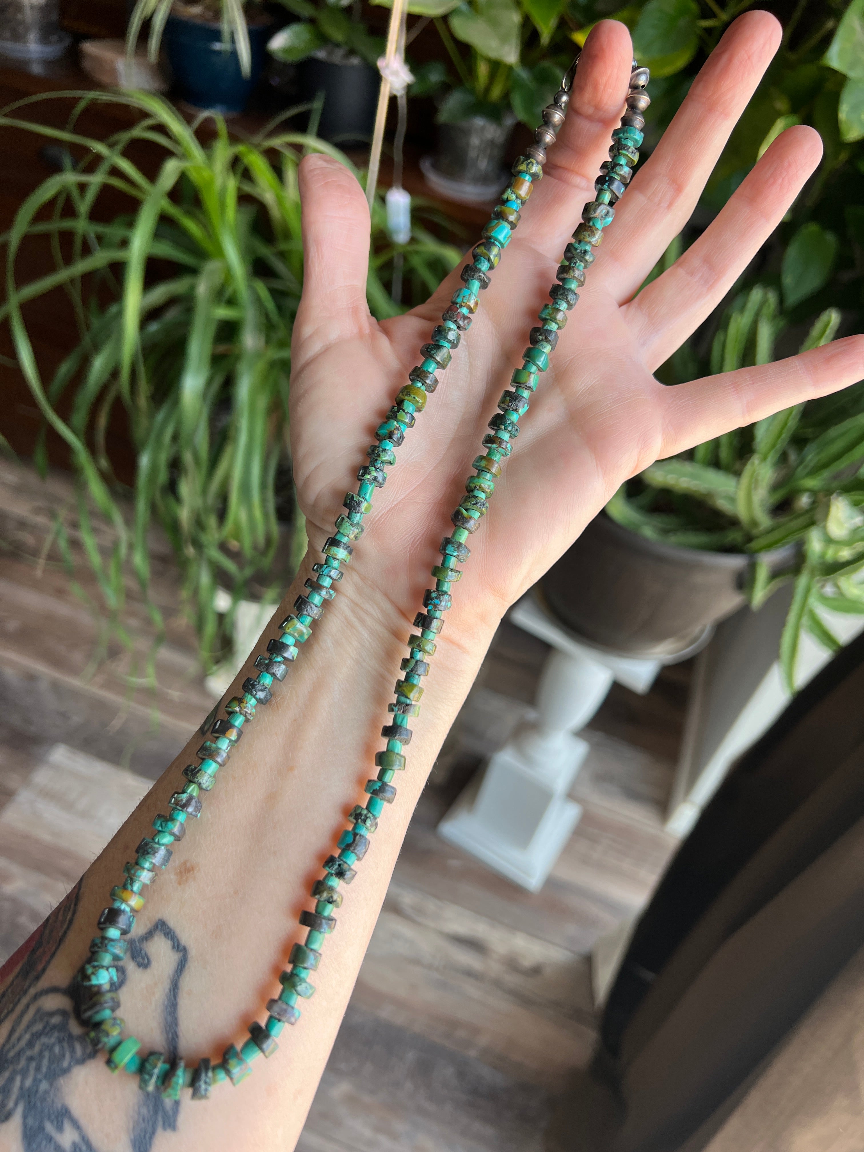 Handcrafted Hubei Turquoise Beaded Necklace with Sterling Silver and B