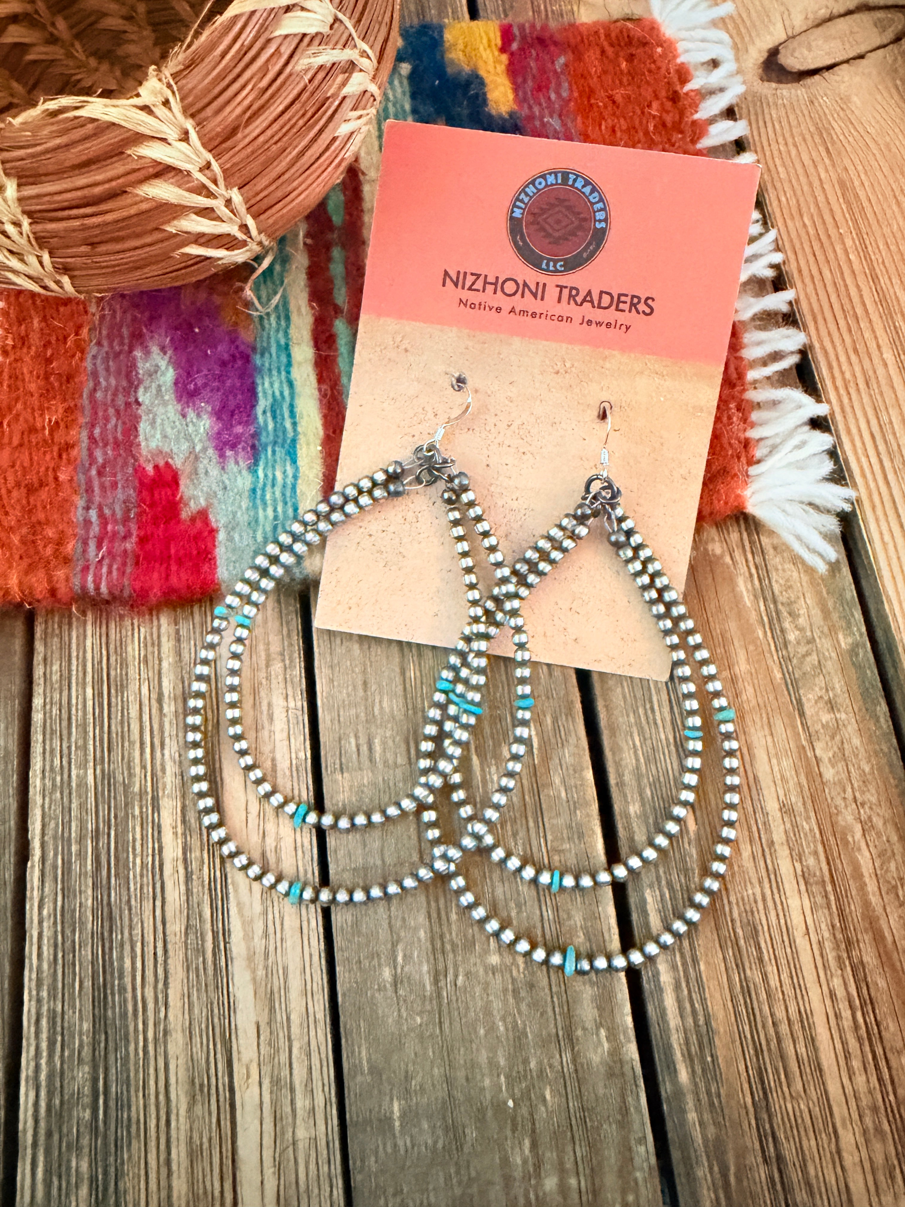 Handcrafted Turquoise & Sterling Silver Pearl Beaded Dangle Hoop Earrings