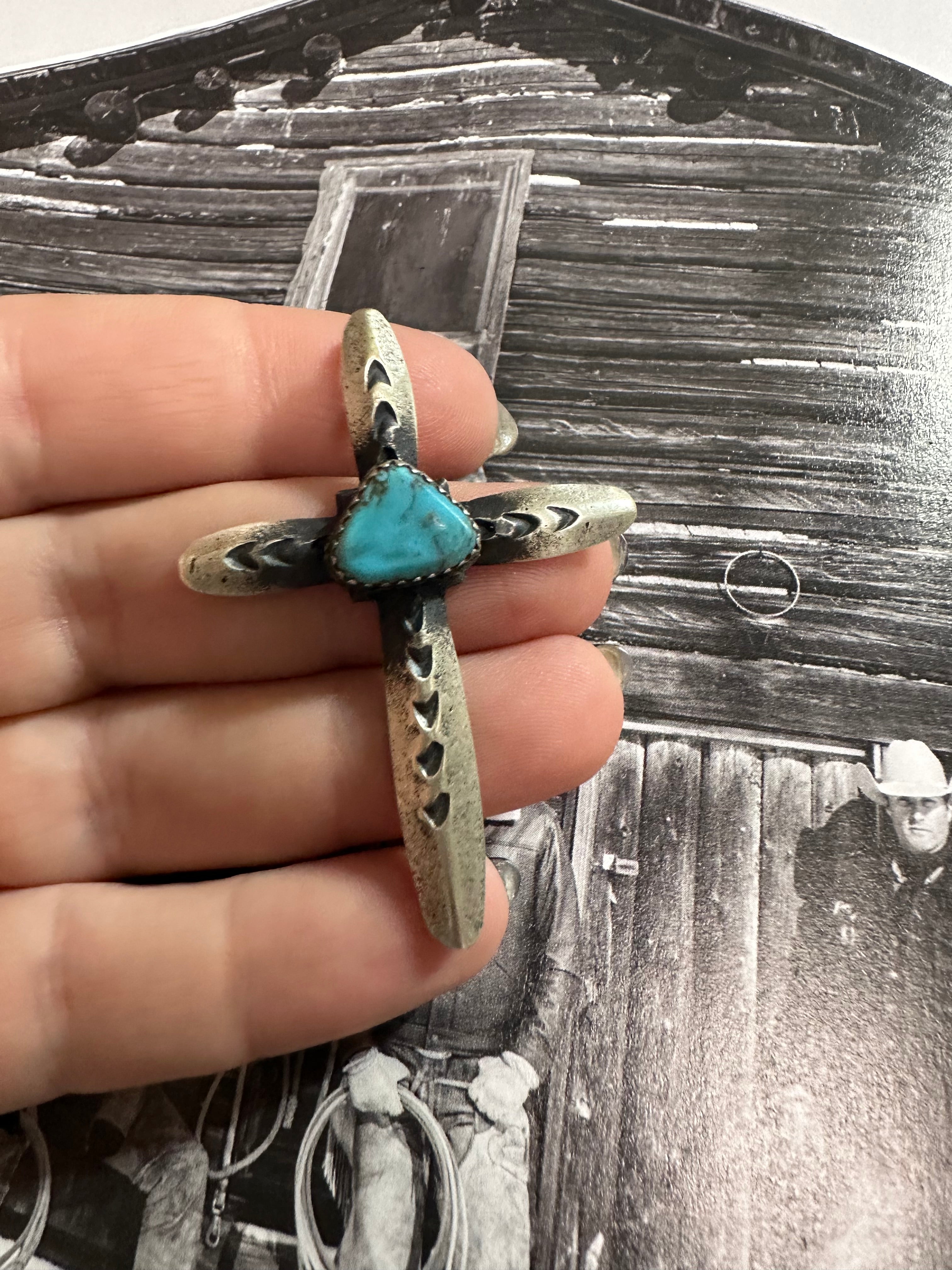 Beautiful Navajo Turquoise & Sterling Silver Cross Pendant Signed