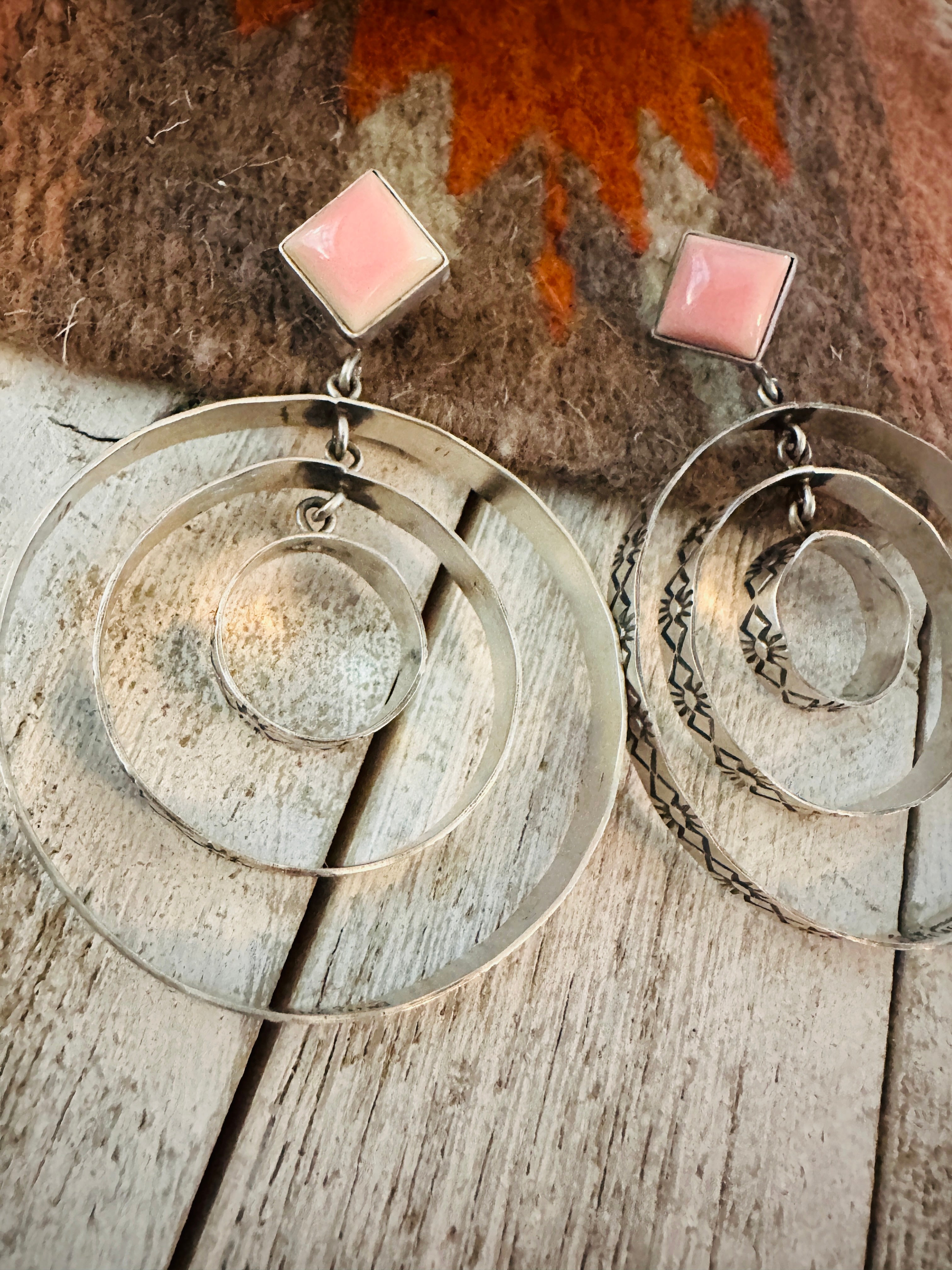 Navajo Sterling Silver & Queen Pink Conch Dangle Hoop Earrings