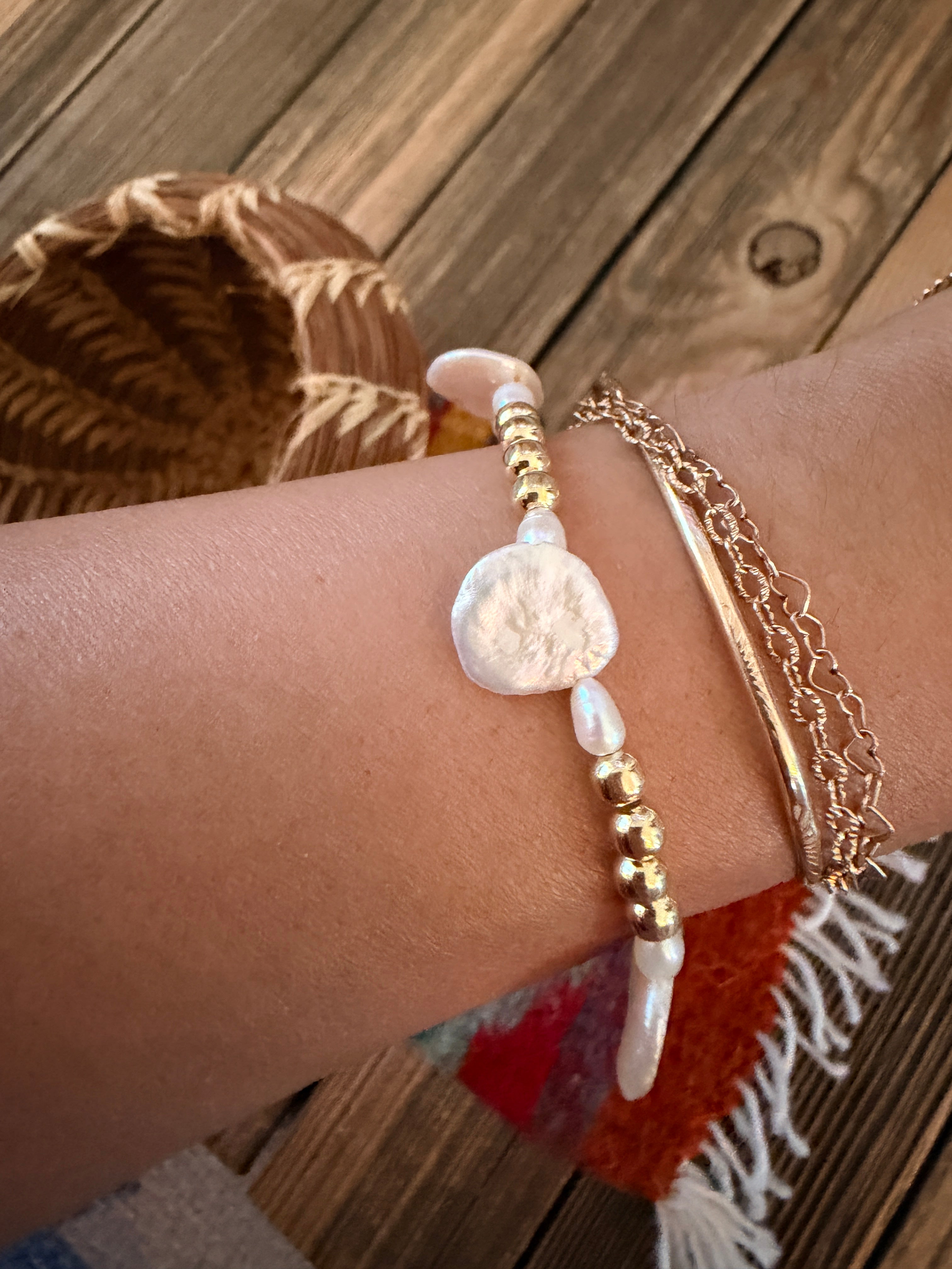 Handcrafted Mother of Pearl & Gold-Plated Sterling Silver Pearl Beaded Stretch Bracelet