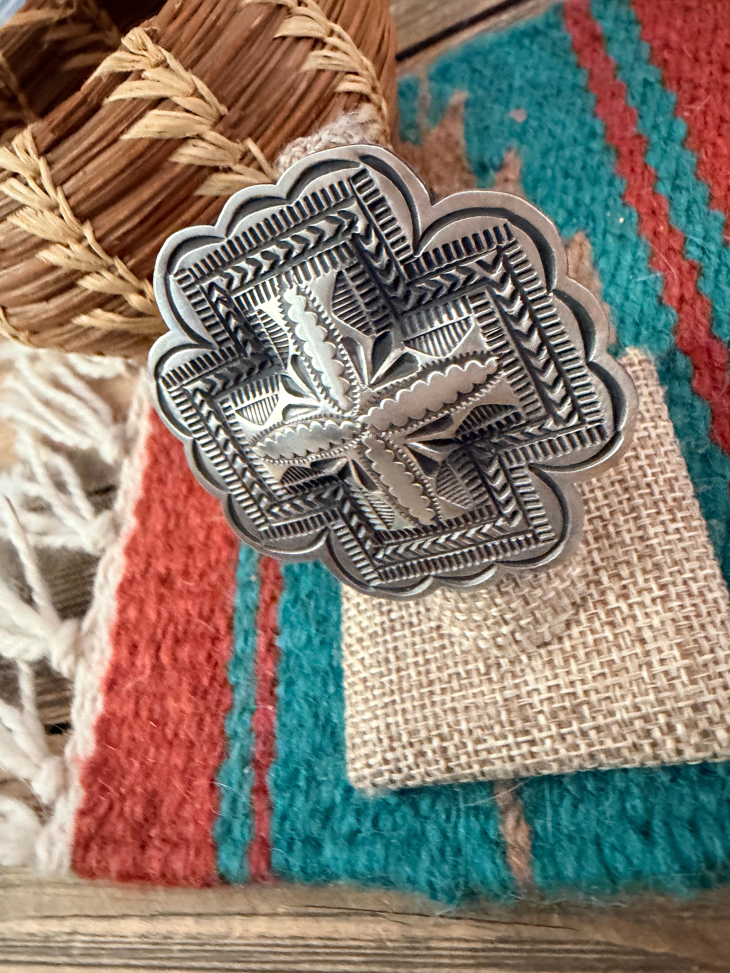 Handcrafted Sterling Silver Adjustable Cross Concho Ring by Leander Tahe