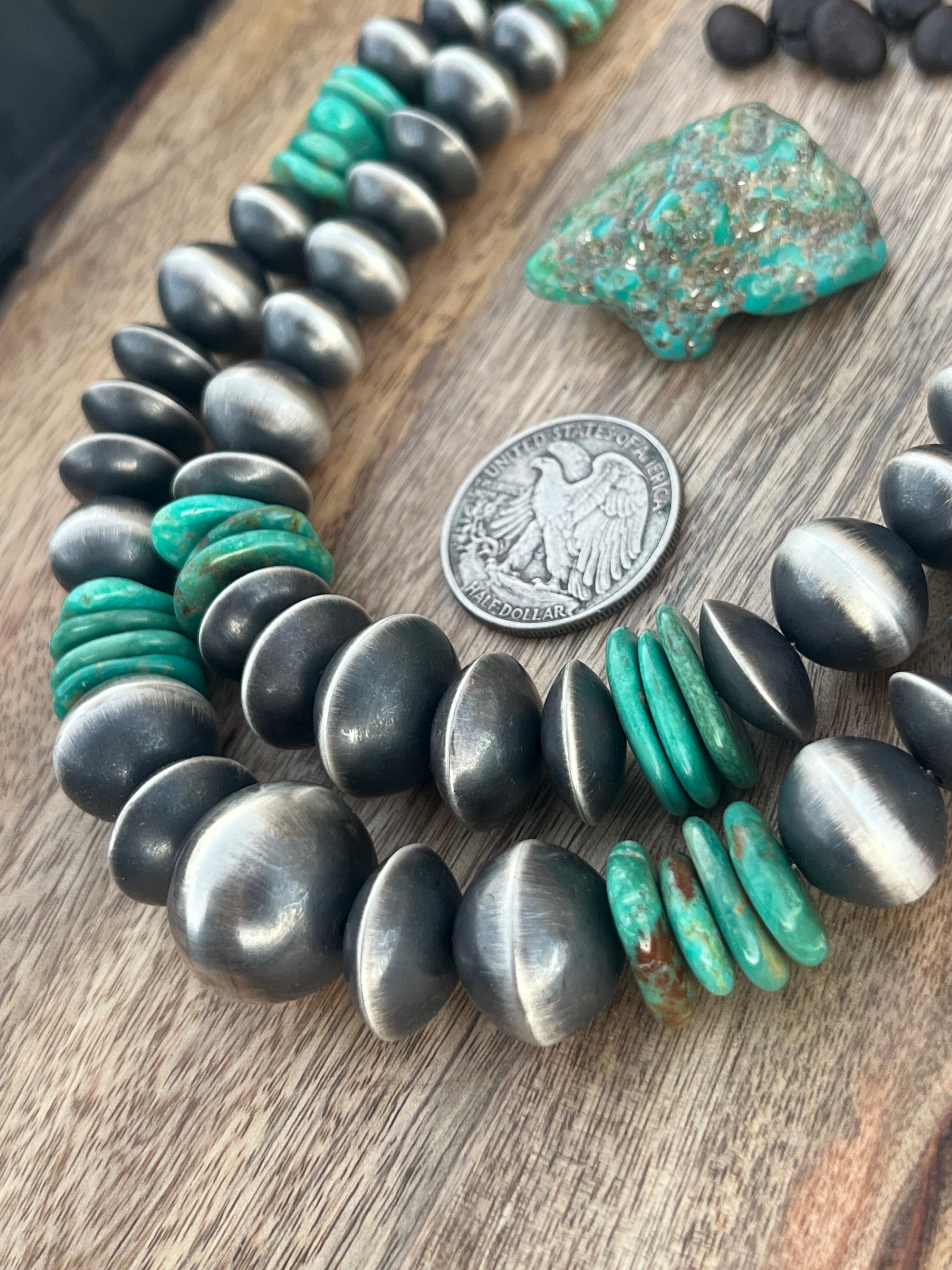 Handcrafted Chunky Sterling Silver and Kingman Turquoise Beaded Necklace by Rose Martin, 19 and 22 inches