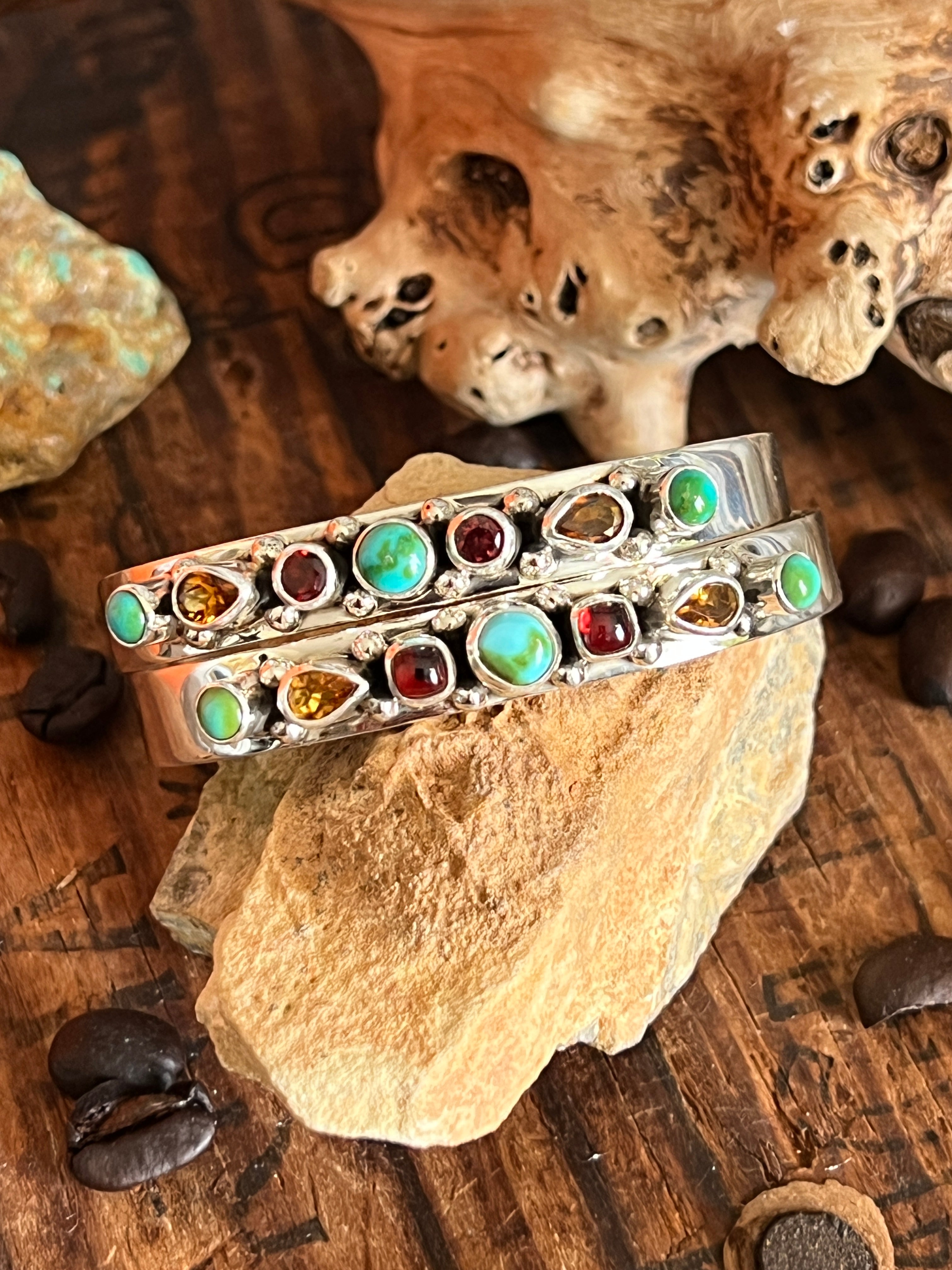Handcrafted Sterling Silver Gems & Jewels Stacker Cuffs Bracelet by Lucy Jake, Narrow