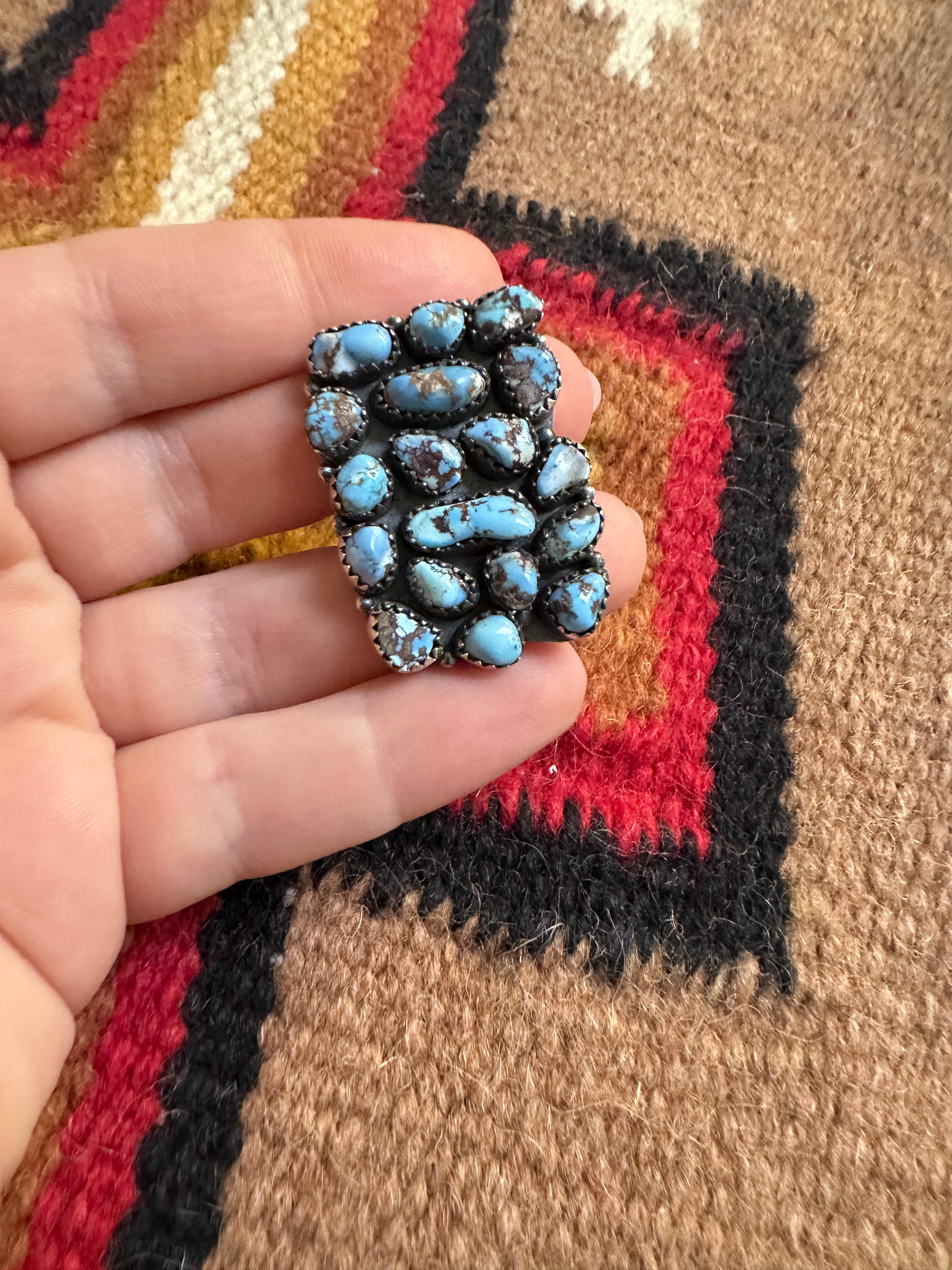 Beautiful Handmade Golden Hills Turquoise And Sterling Silver Adjustable Cluster Ring