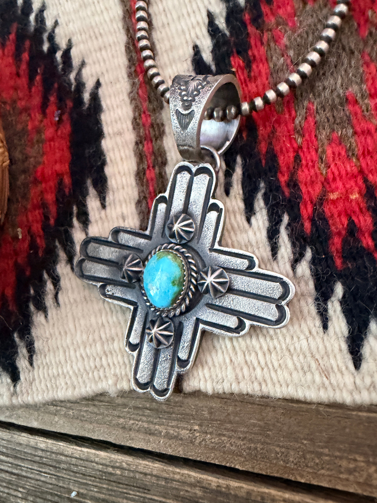 Handcrafted Sterling Silver & Sonoran Mountain Turquoise Zia Cross Pendant by Kevin Billah
