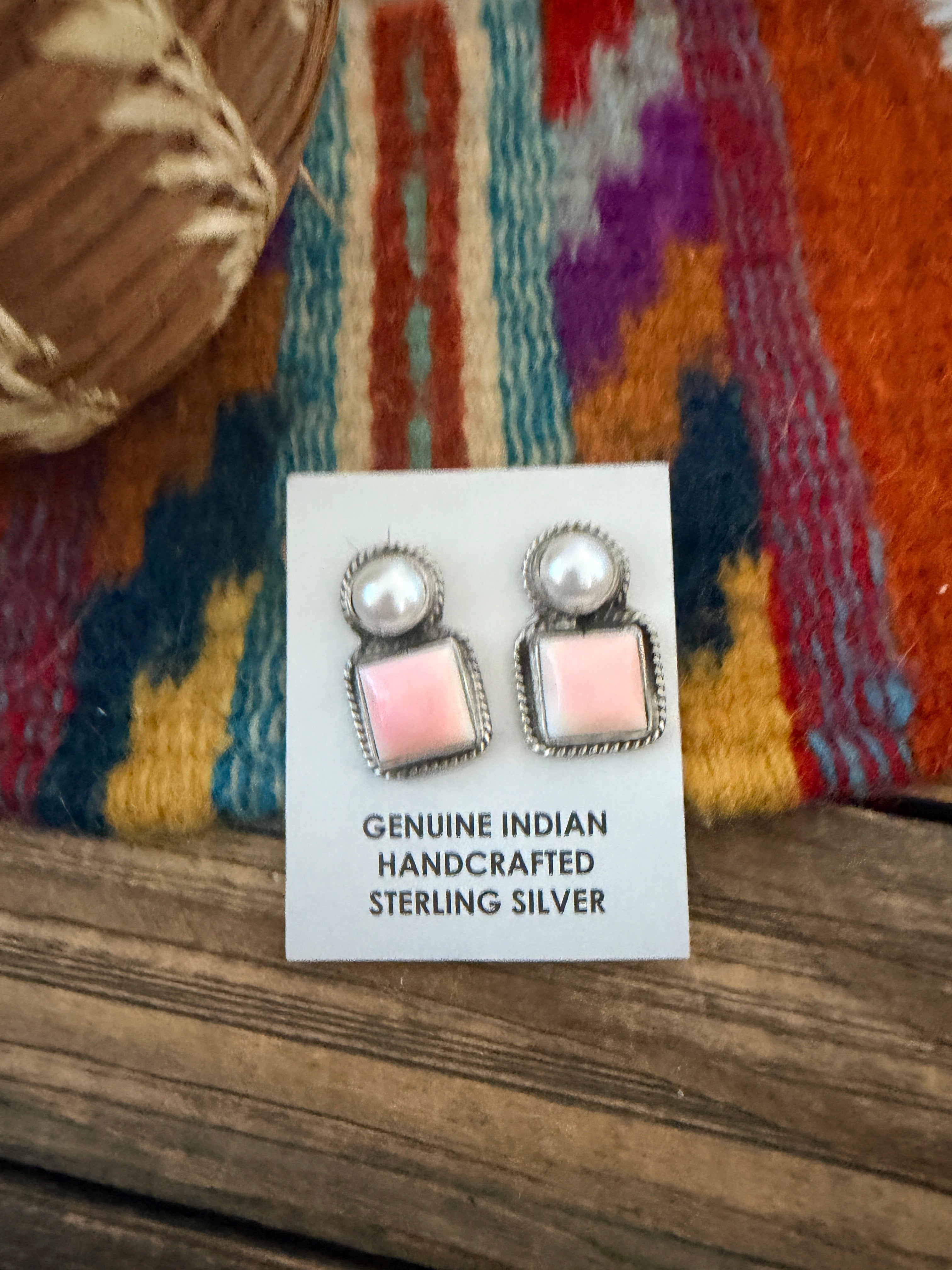 Handcrafted Queen Pink Conch, Pearl & Sterling Silver Post Earrings by Marcella James