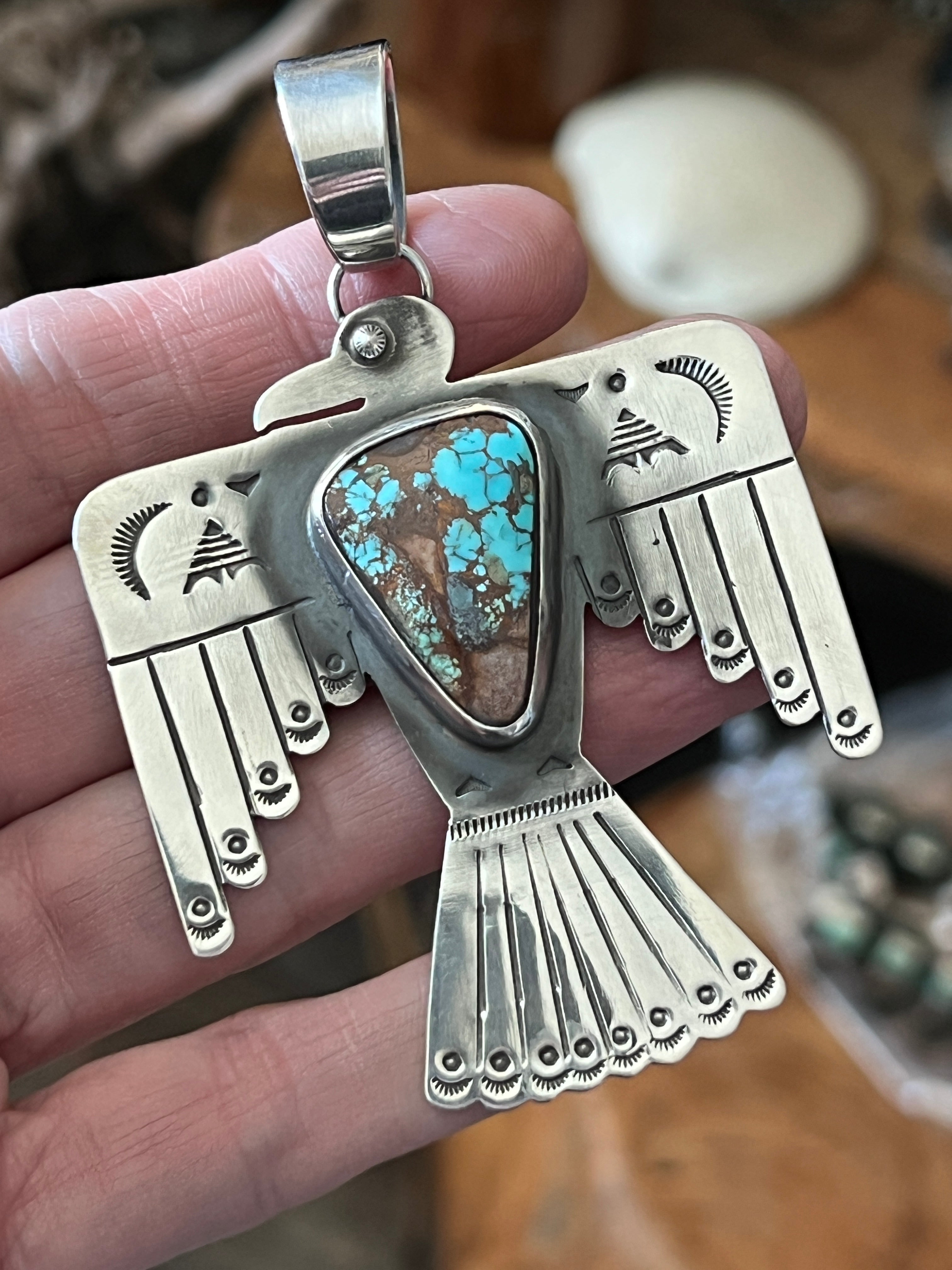 Hand Stamped Sterling Silver & Pilot Mountain Turquoise Thunderbird Pendant by Kimari Somers