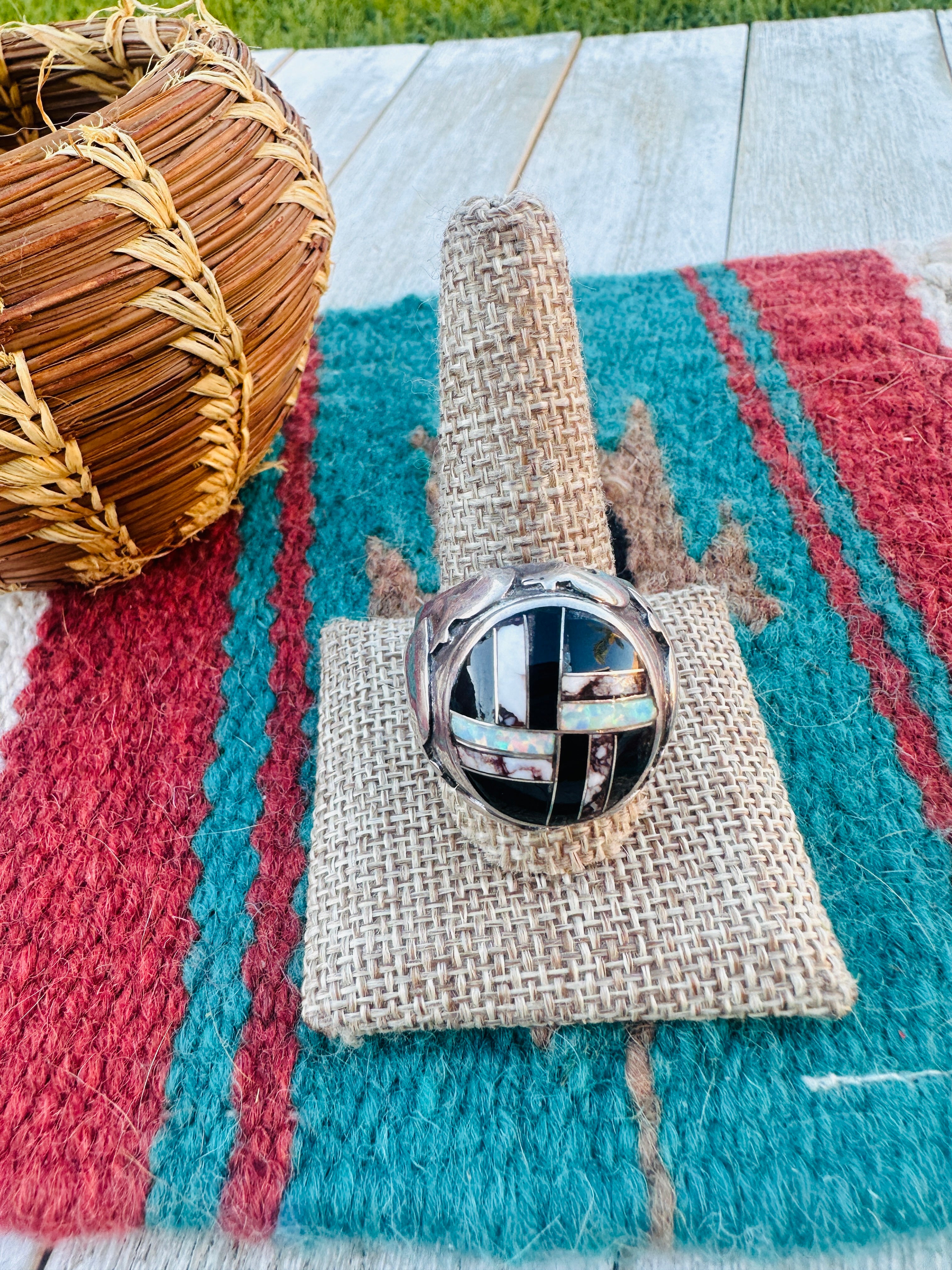 Old Pawn Handcrafted Multi Stone & Sterling Silver Inlay Ring Size 11.75