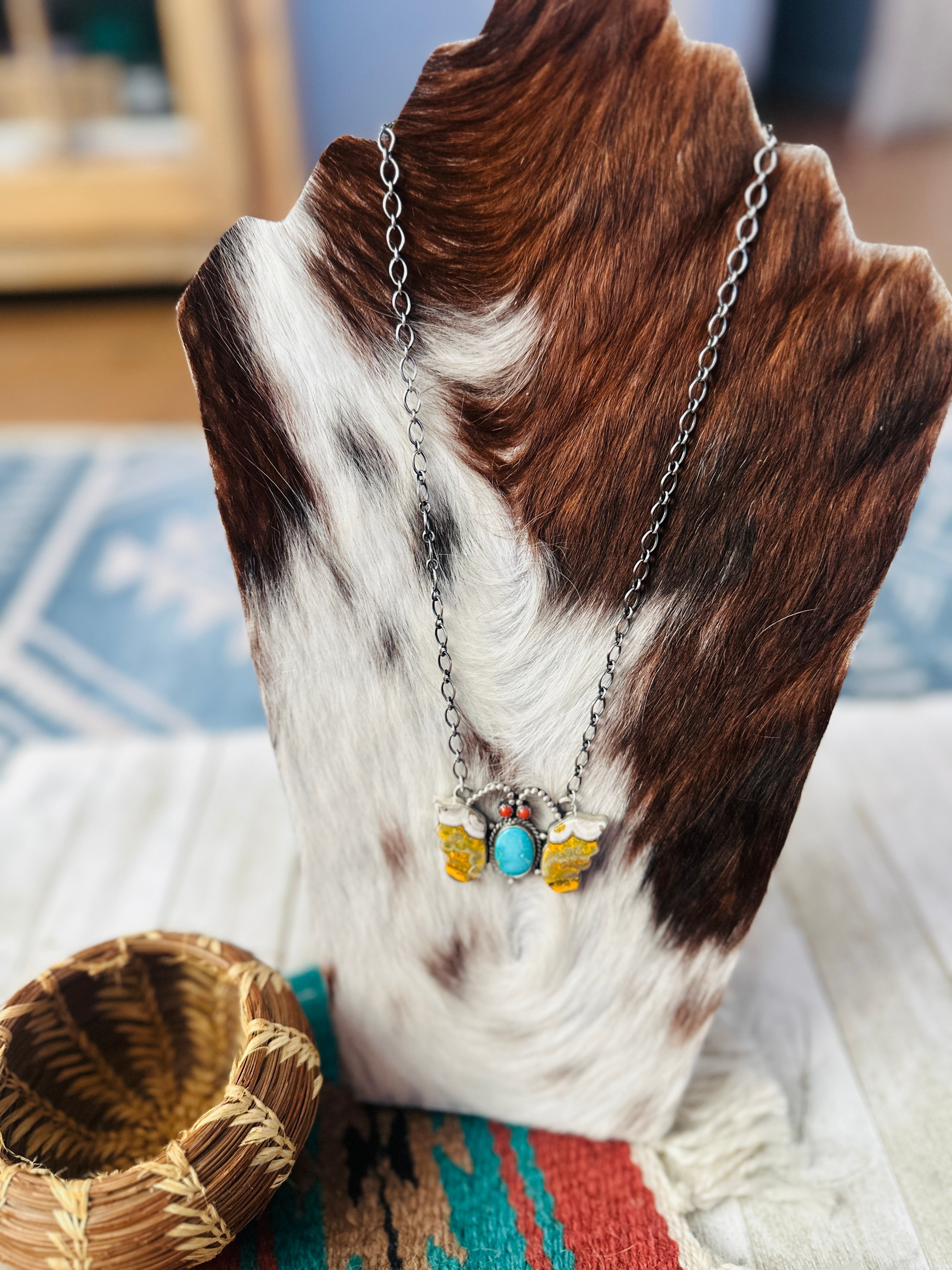 Handcrafted Sterling Silver, Bumblebee, Turquoise & Coral Butterfly Necklace by Patrick Yazzie