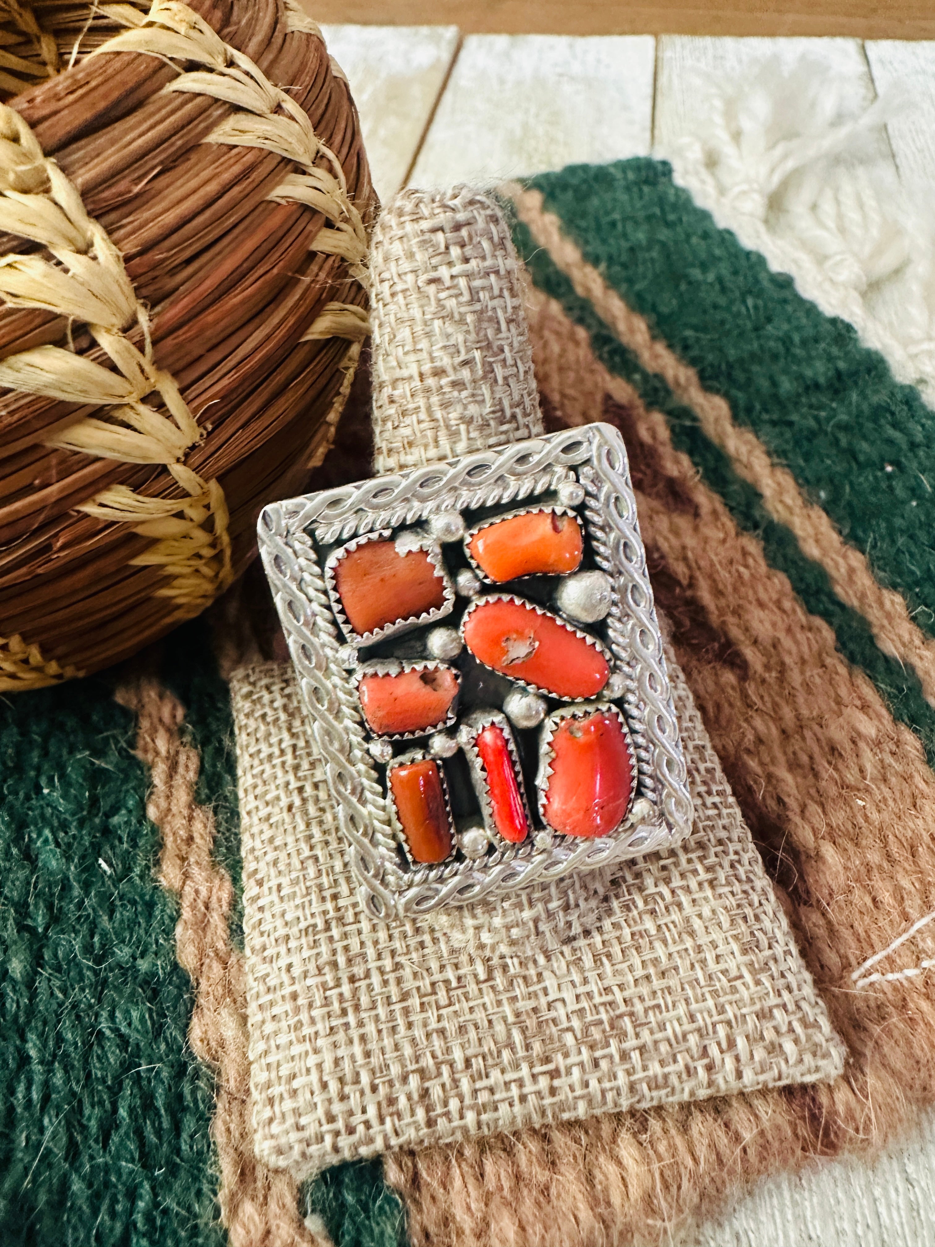 Handcrafted Old Pawn Coral and Sterling Silver Ring Size 11