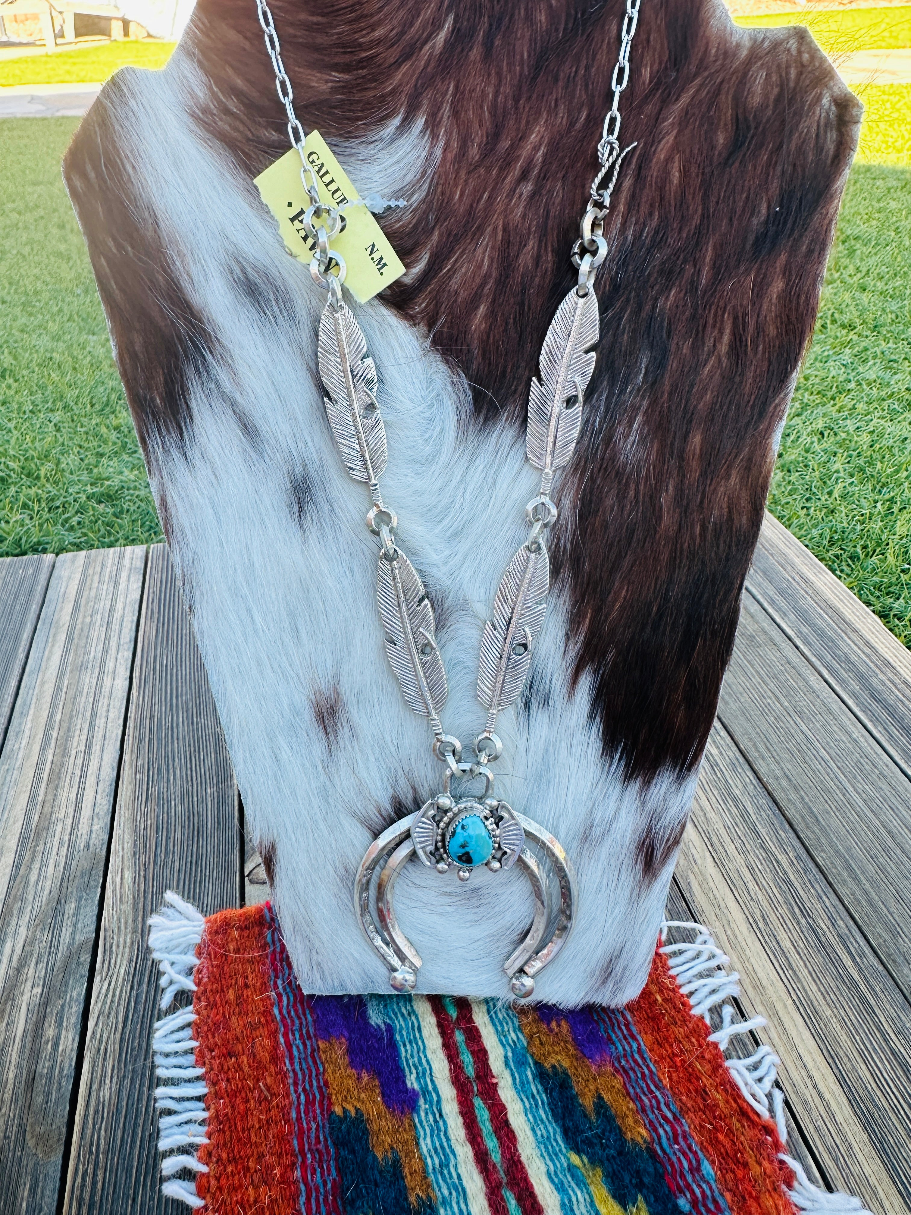 Old Pawn Handcrafted Turquoise & Sterling Silver Feather Naja Necklace