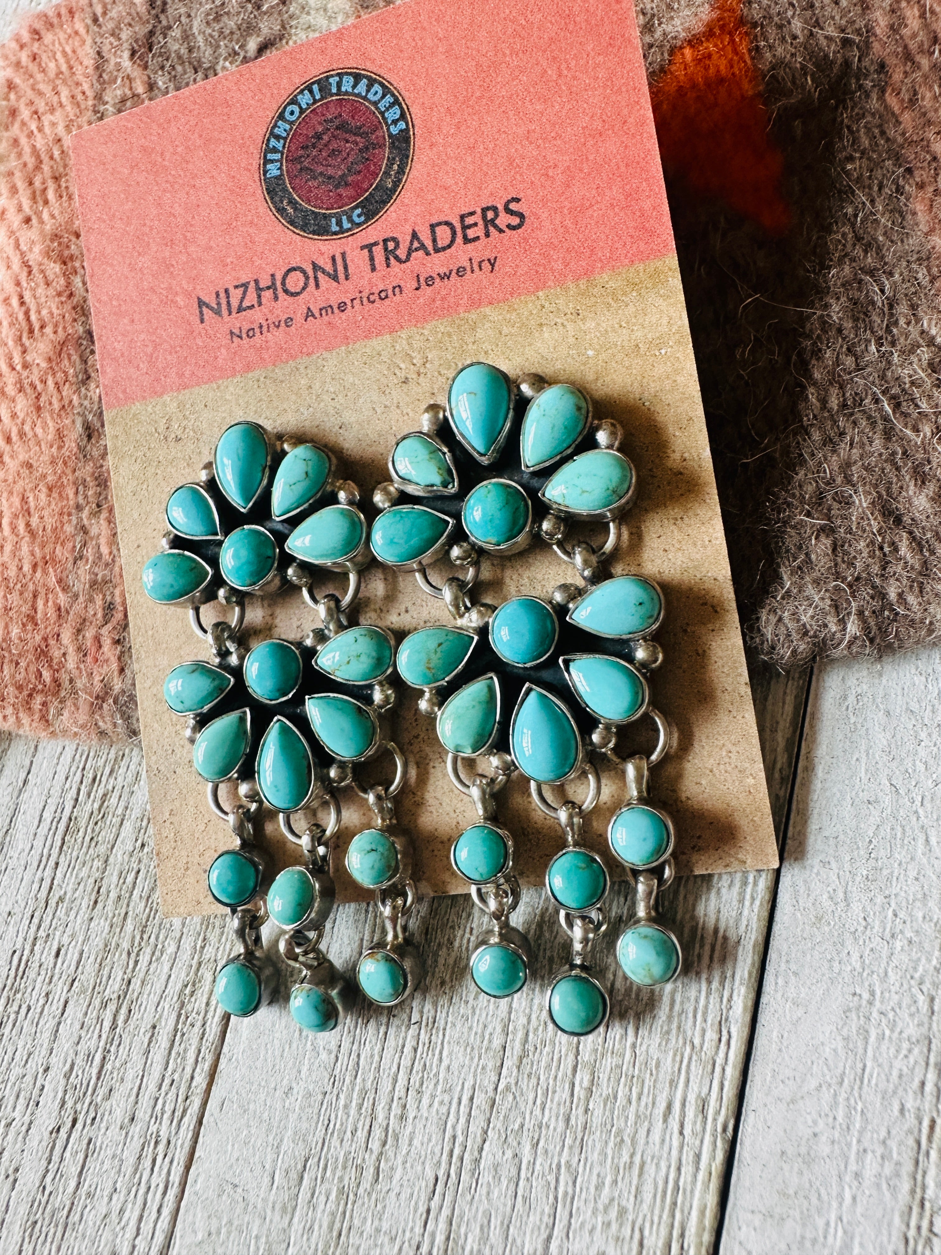 Navajo Turquoise & Sterling Silver Cluster Dangle Earrings