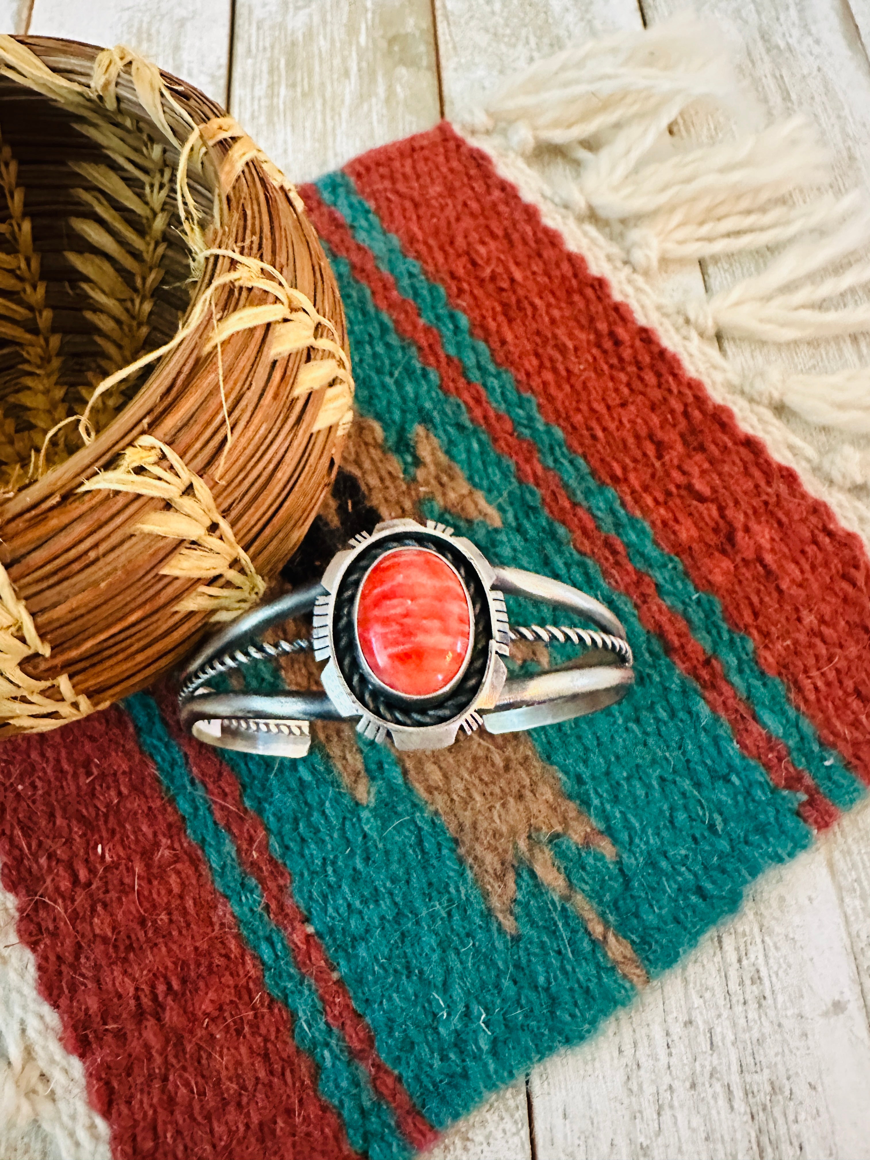 Handcrafted Sterling Silver & Red Spiny Cuff Bracelet by Eli Skeets