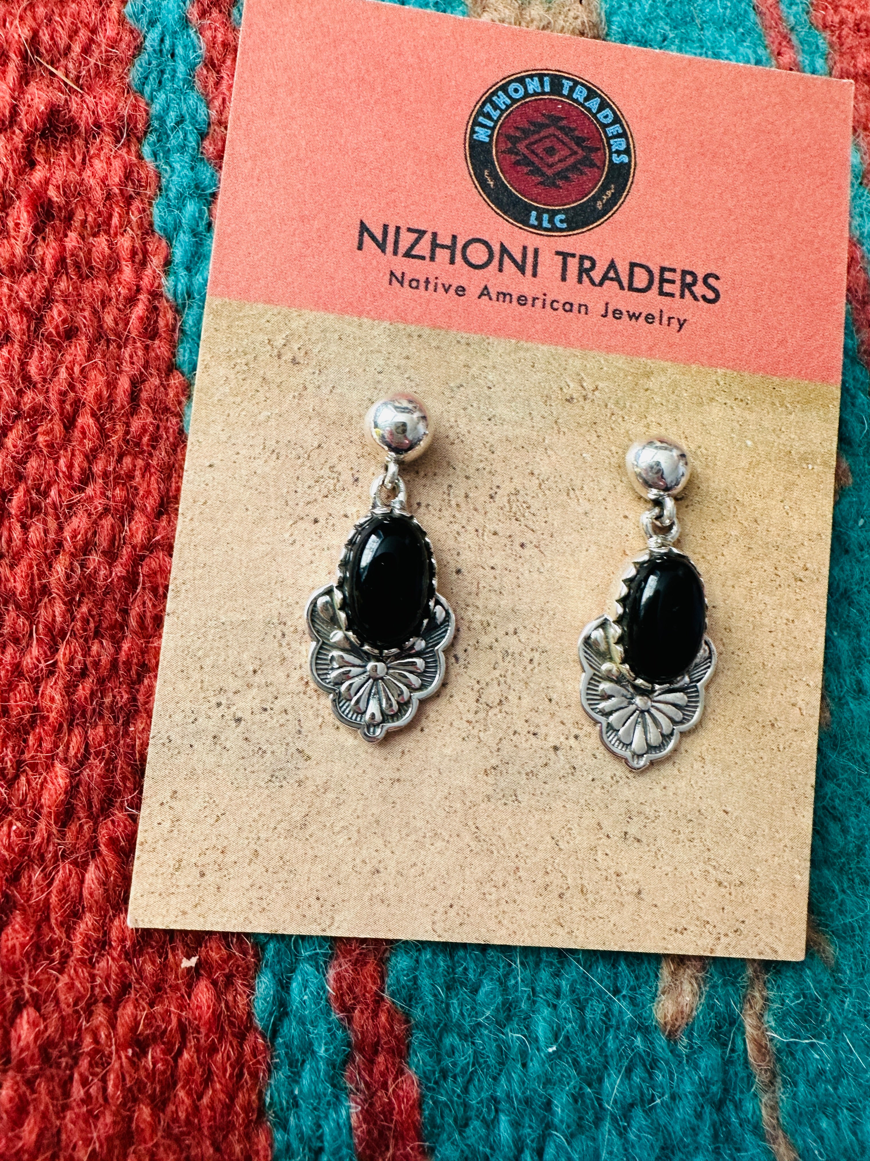 Handmade Black Onyx & Sterling Silver Dangle Earrings Signed Nizhoni