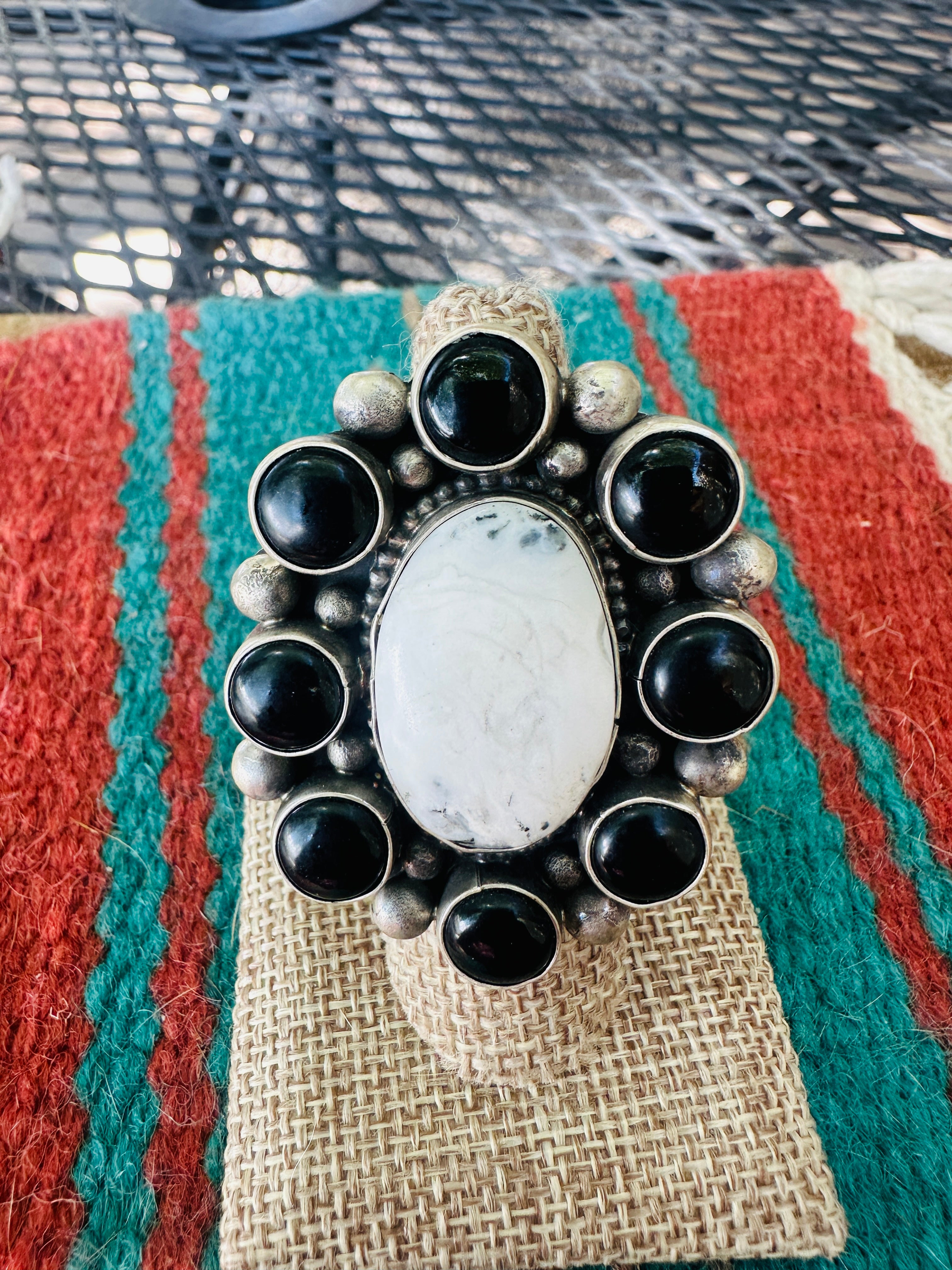 Handcrafted Sterling Silver, White Buffalo & Onyx Cluster Adjustable Ring