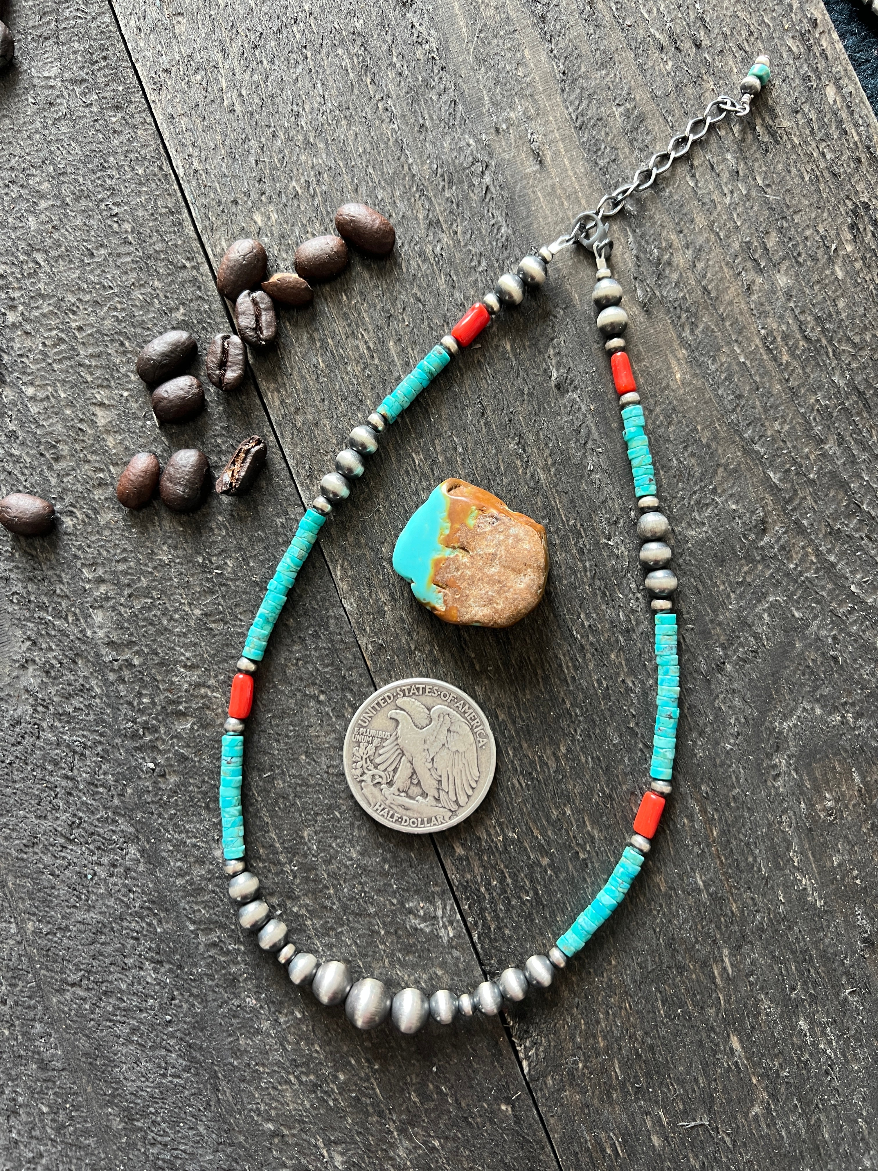 Handcrafted Summer Lovin’ Beaded Layering Necklace with Sterling Silver, Turquoise and Mediterranean Coral, 14” 2”, The Beach Cruiser