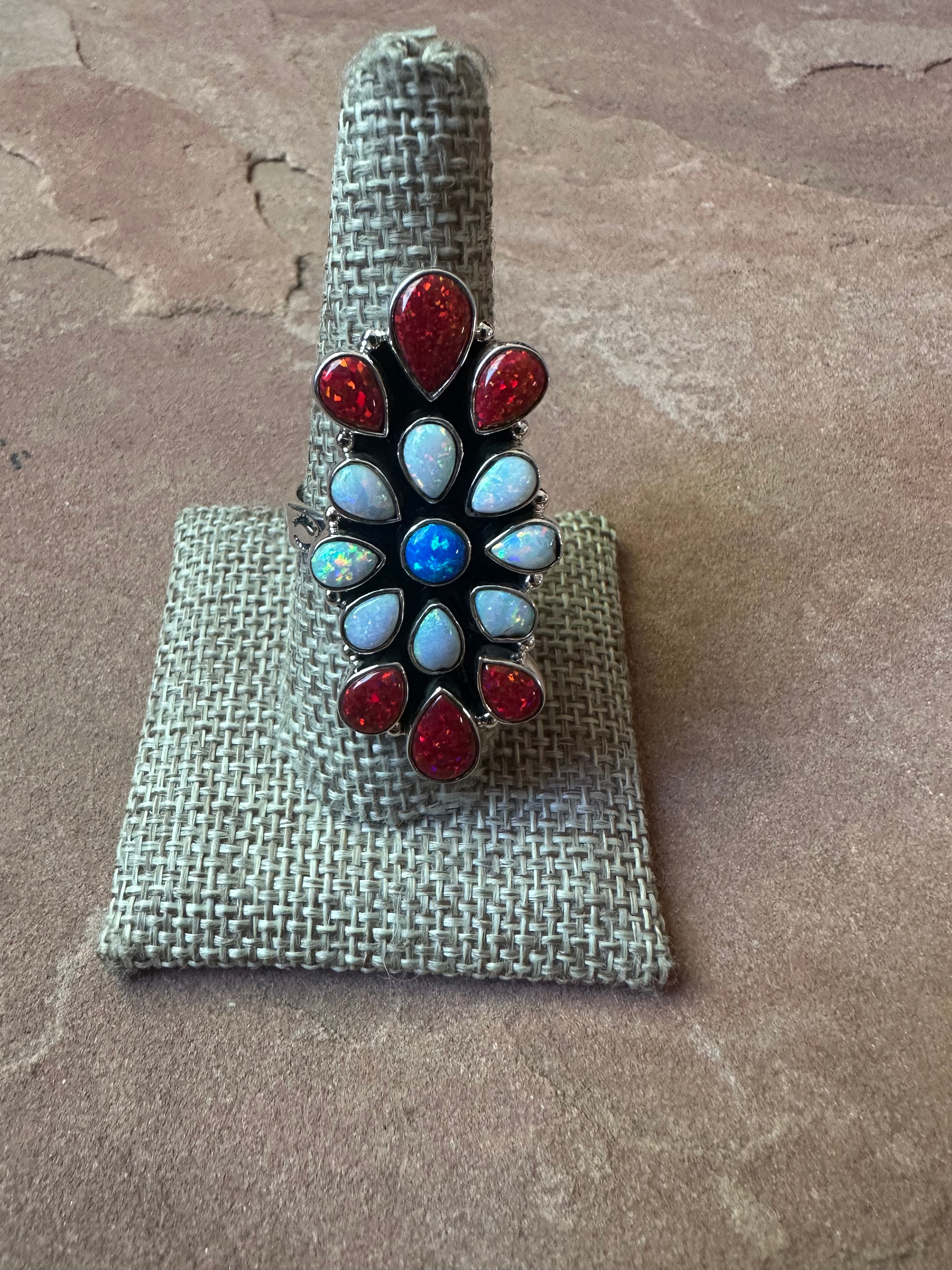 4TH OF JULY COLLECTION Handmade Red, White & Blue Fire Opal & Sterling Silver Adjustable Ring Signed Nizhoni