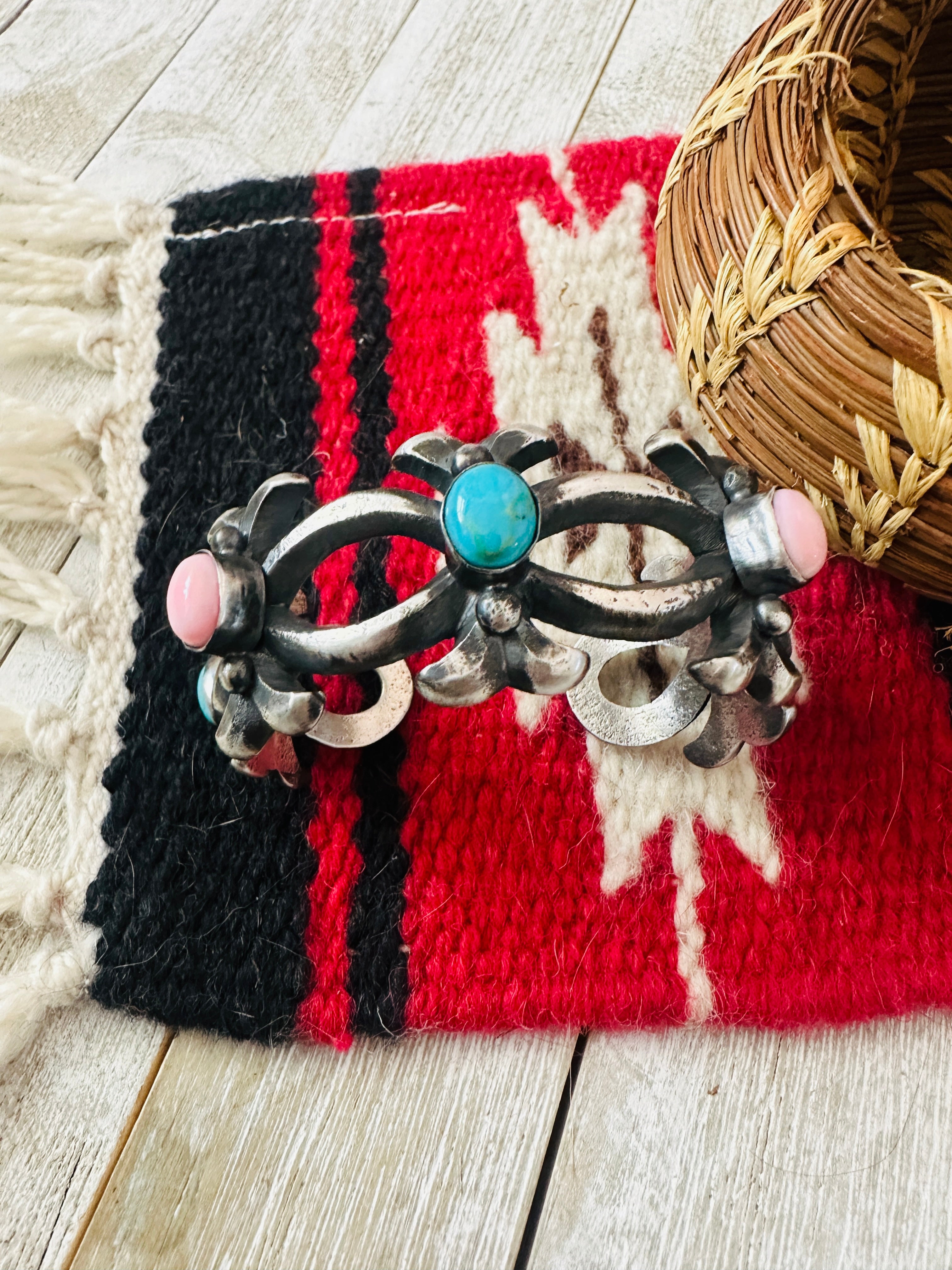 Handcrafted Turquoise, Queen Pink & Sterling Silver Cuff Bracelet by Chimney Butte