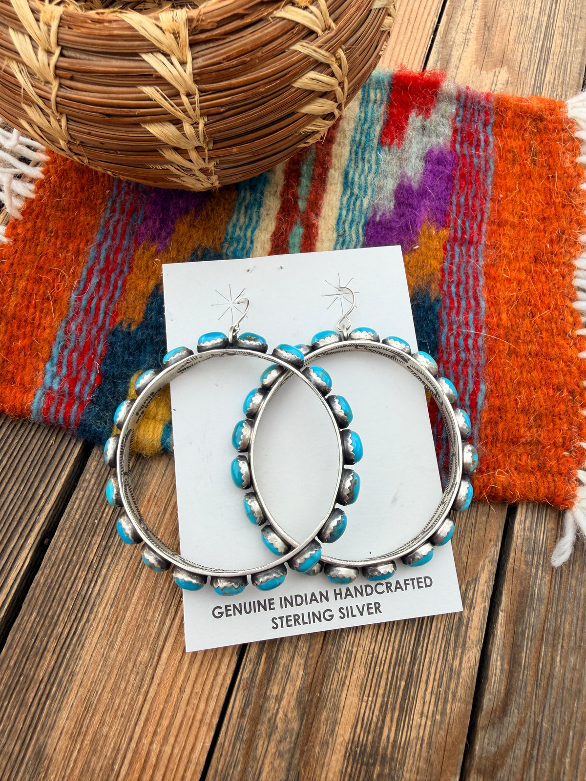 Handcrafted Turquoise & Sterling Silver Dangle Hoop Earrings by Russell Sam