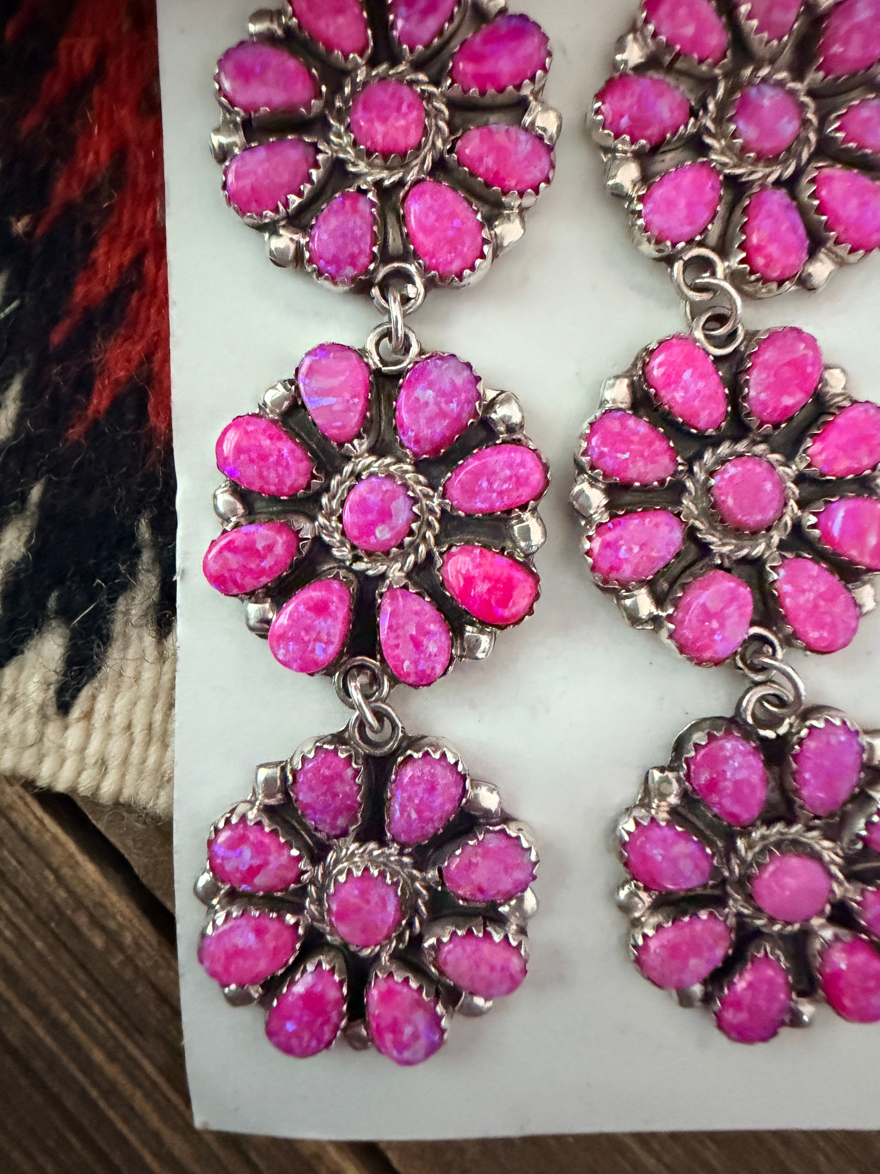 Handcrafted Pink Opal & Sterling Silver Cluster Dangle Earrings by Danny L. Wauneka