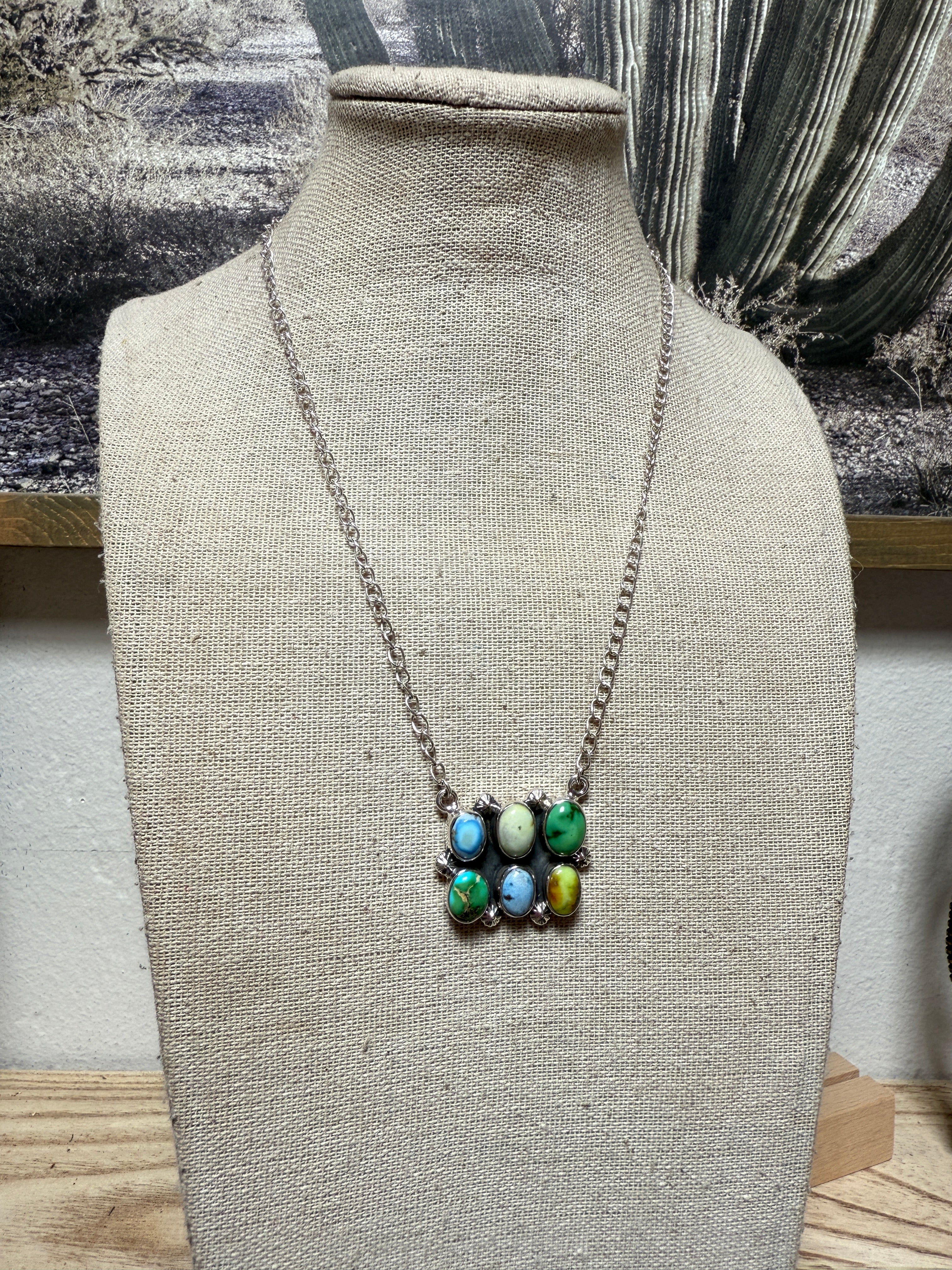 Handmade Sterling Silver, Sonoran Mountain, Palomino, Golden Hills Turquoise Cluster Bar Necklace