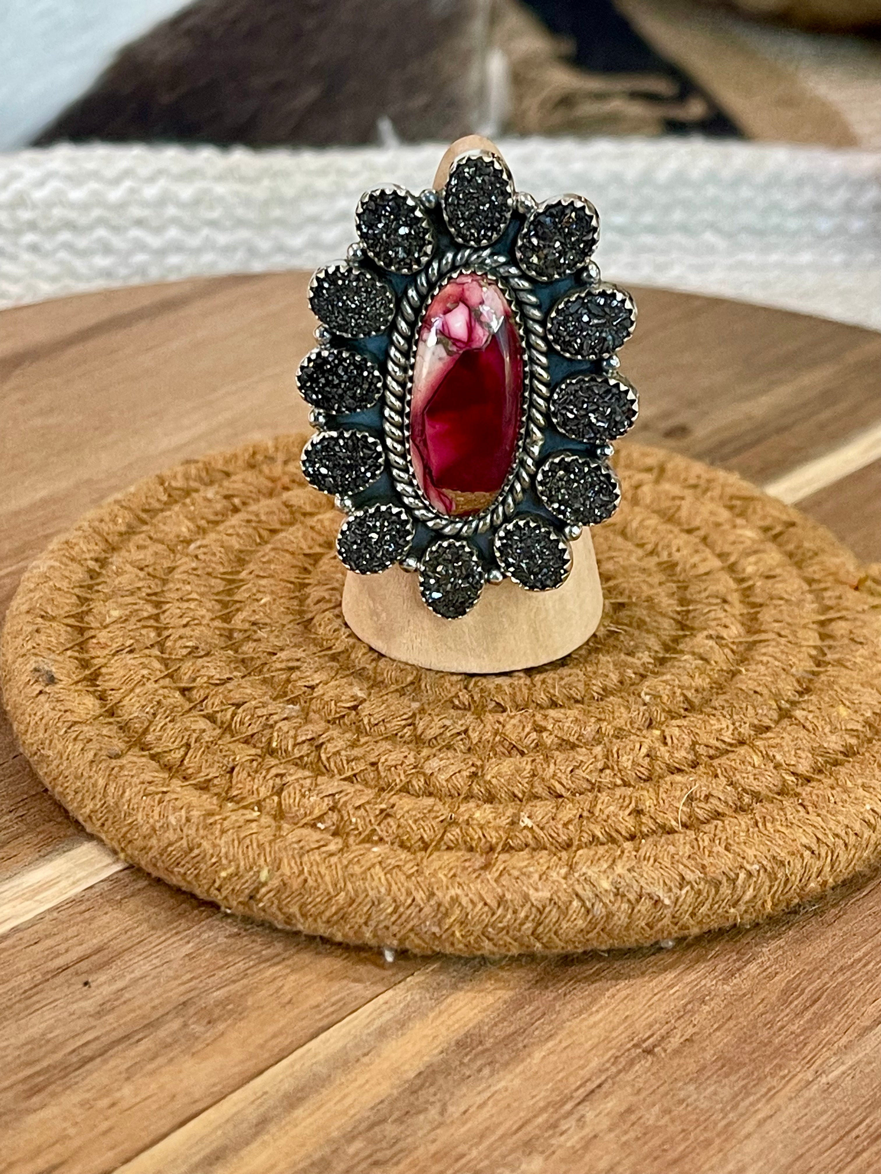 Handcrafted Sterling Silver , Dahlia Rose & Druzy Adjustable Cluster Ring